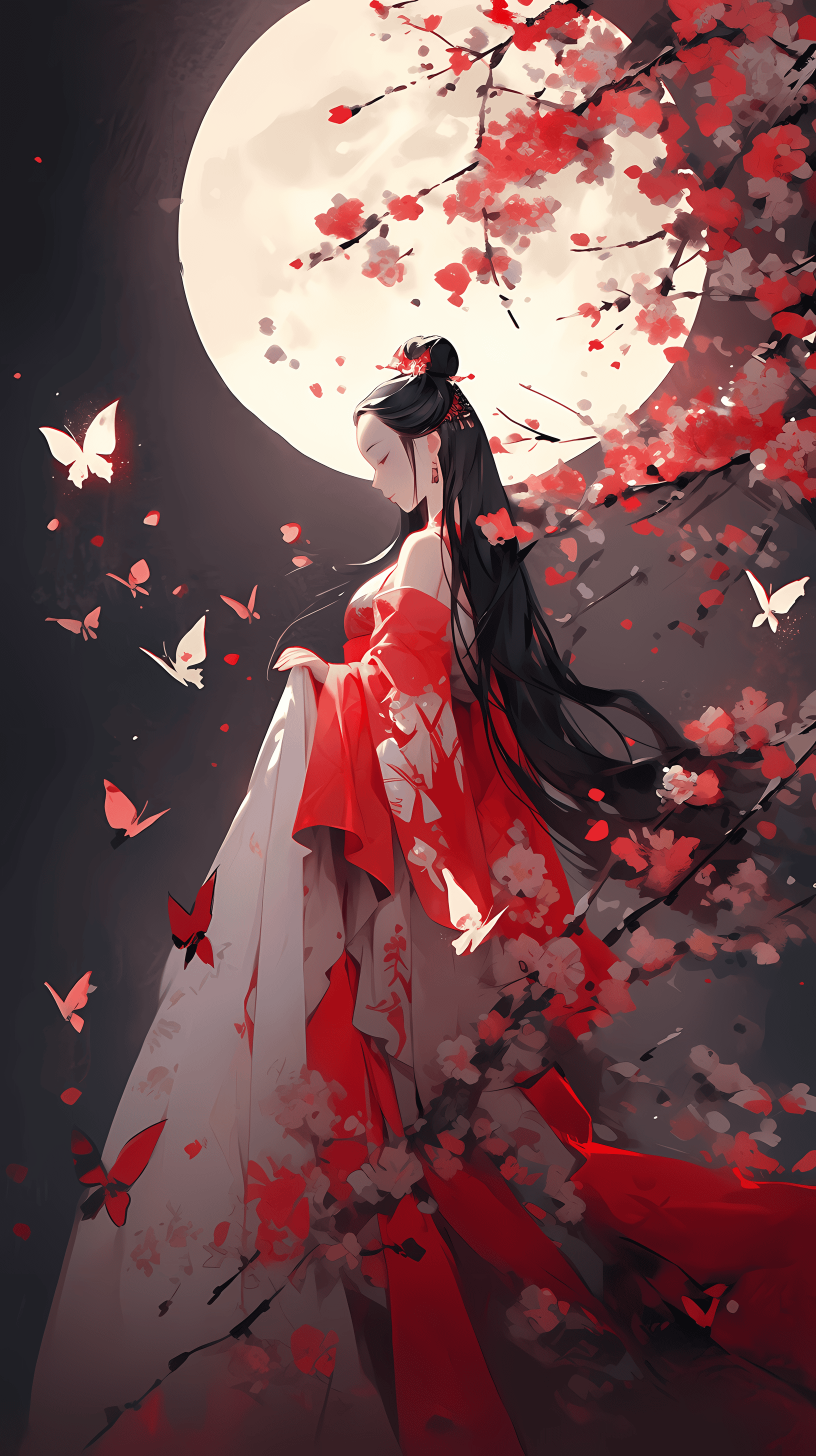 This enchanting anime wallpaper captures a mystical scene under a full moon