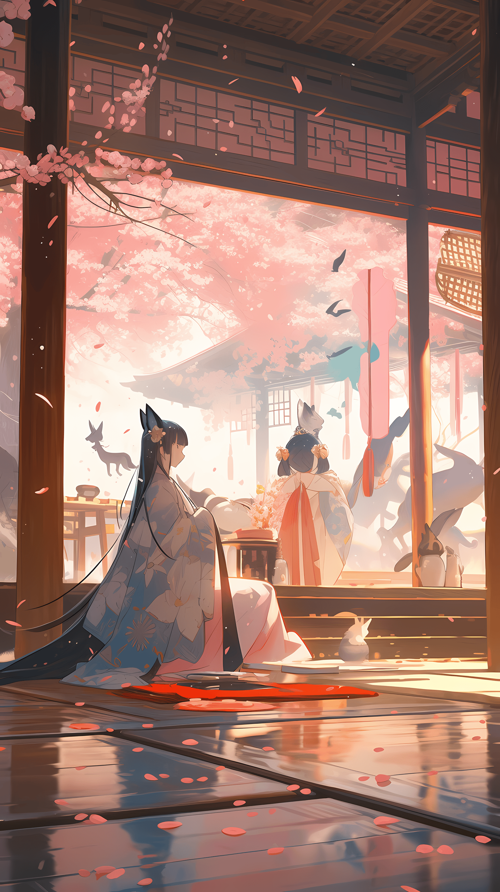 This enchanting anime wallpaper captures a serene moment in a traditional Japanese setting