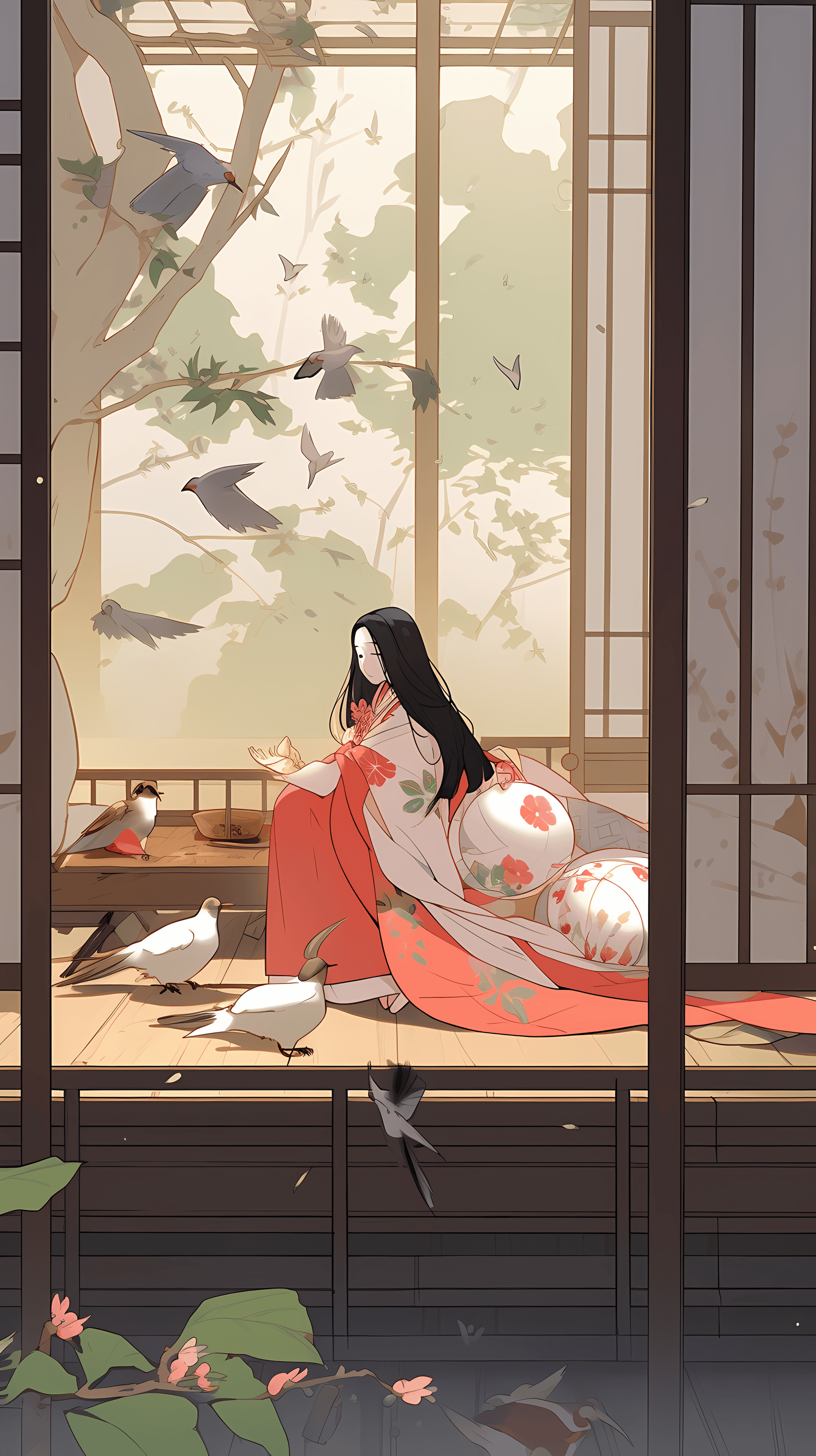 This enchanting anime wallpaper captures a serene moment in a traditional Japanese setting