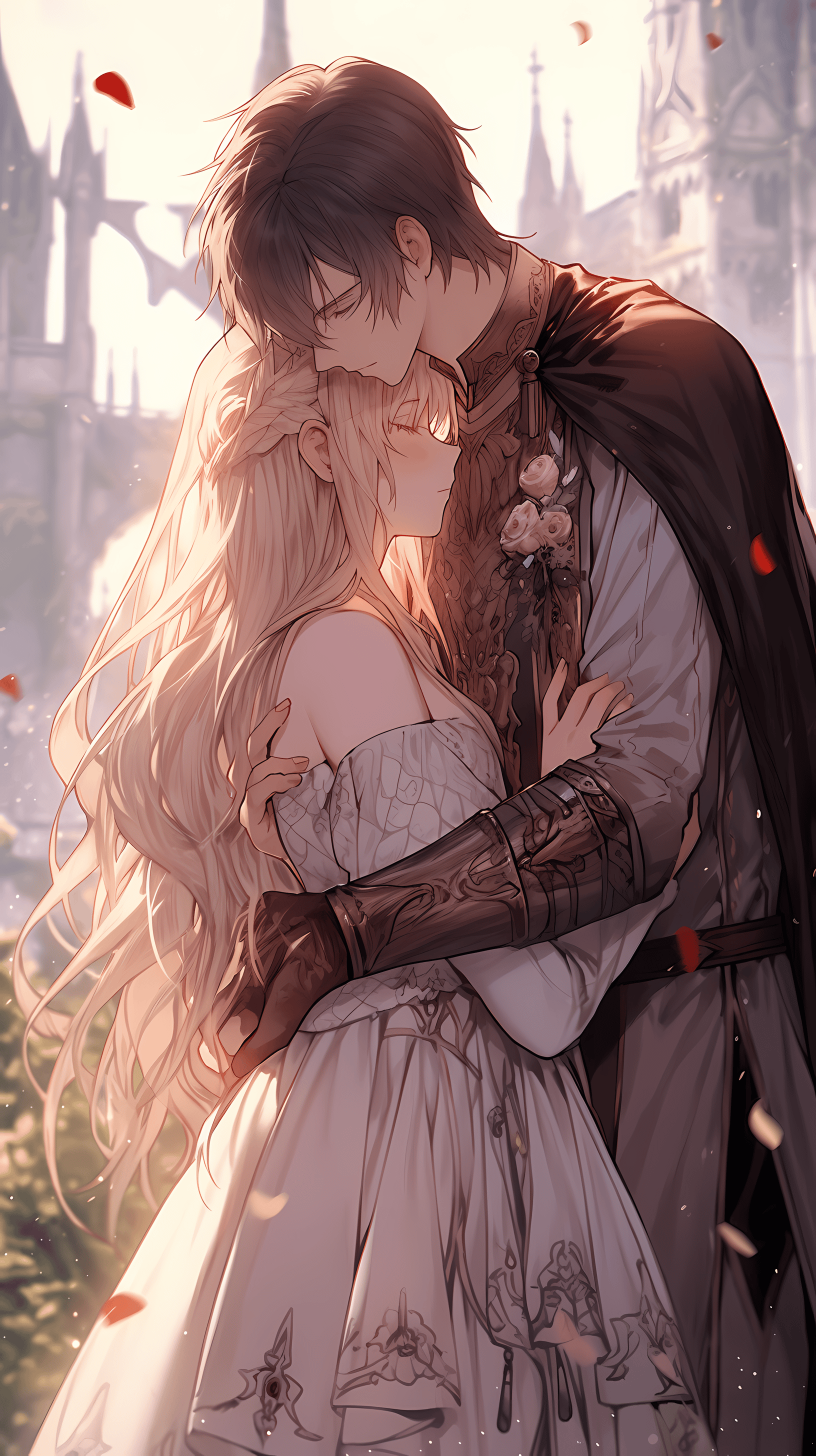 This enchanting anime wallpaper captures a tender moment between two lovers in a picturesque, mystical setting