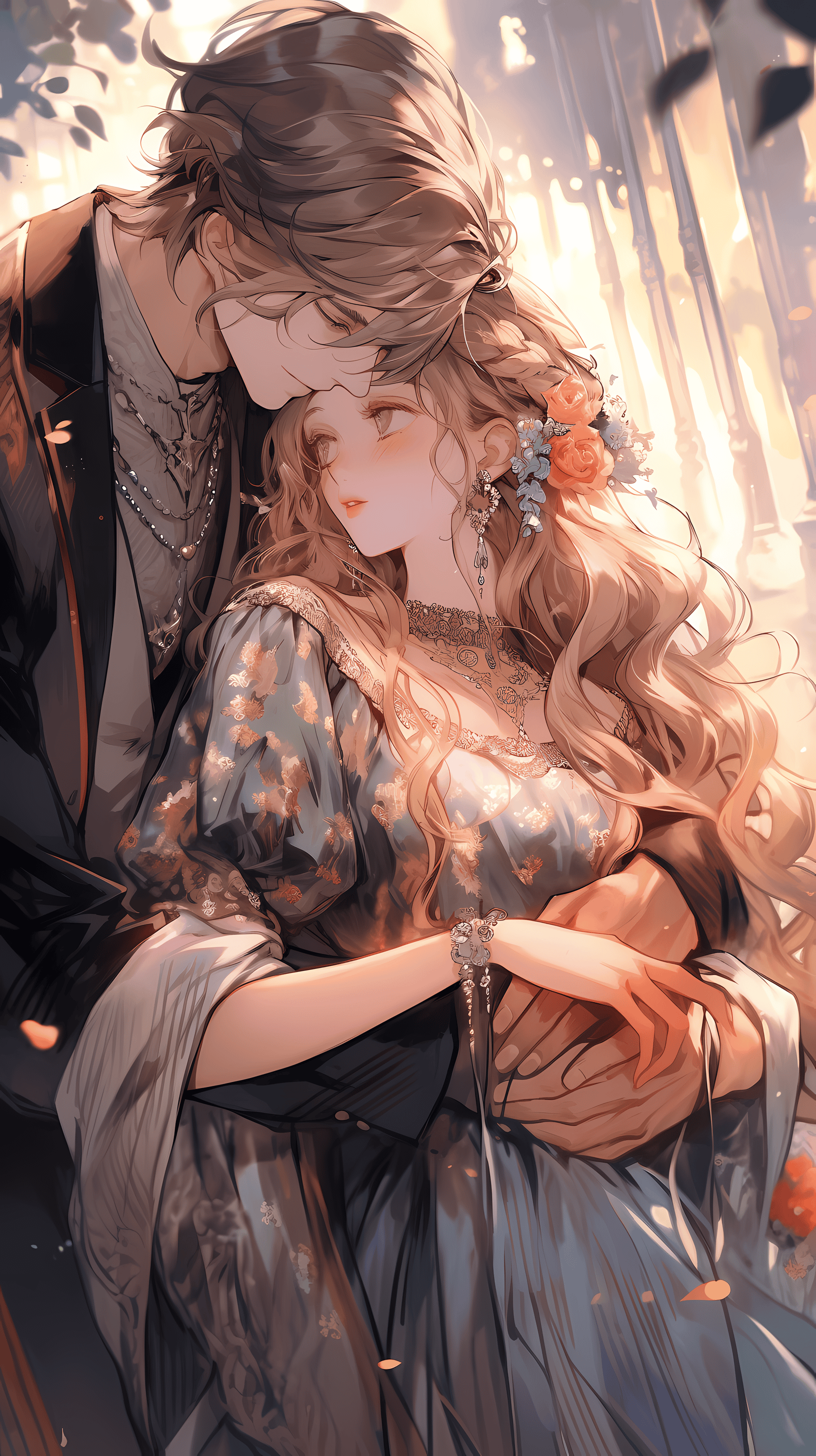 This enchanting anime wallpaper captures a tender moment between two lovers in a beautifully rendered urban setting
