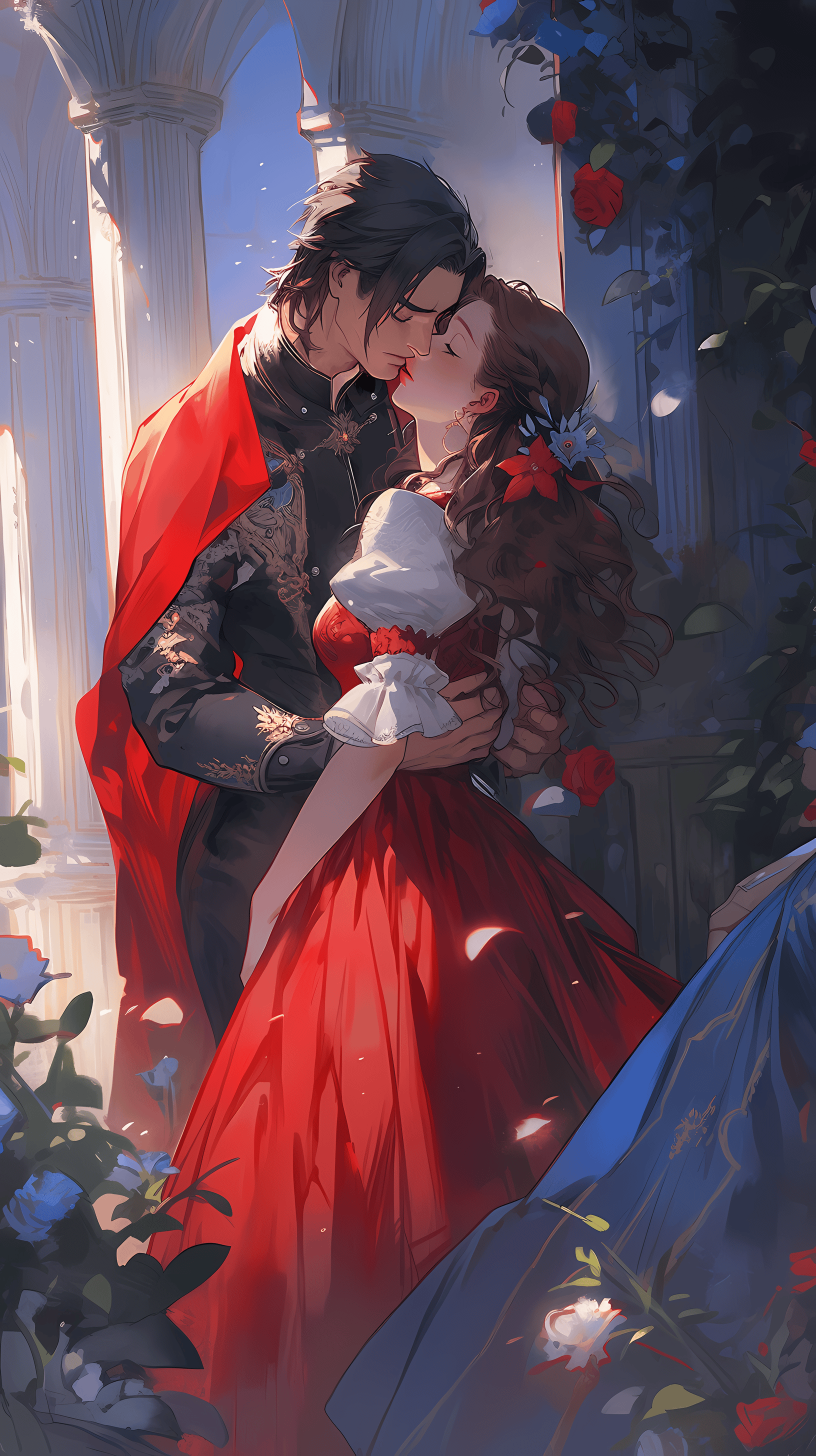 This enchanting anime wallpaper captures a romantic moment between a couple in a picturesque setting