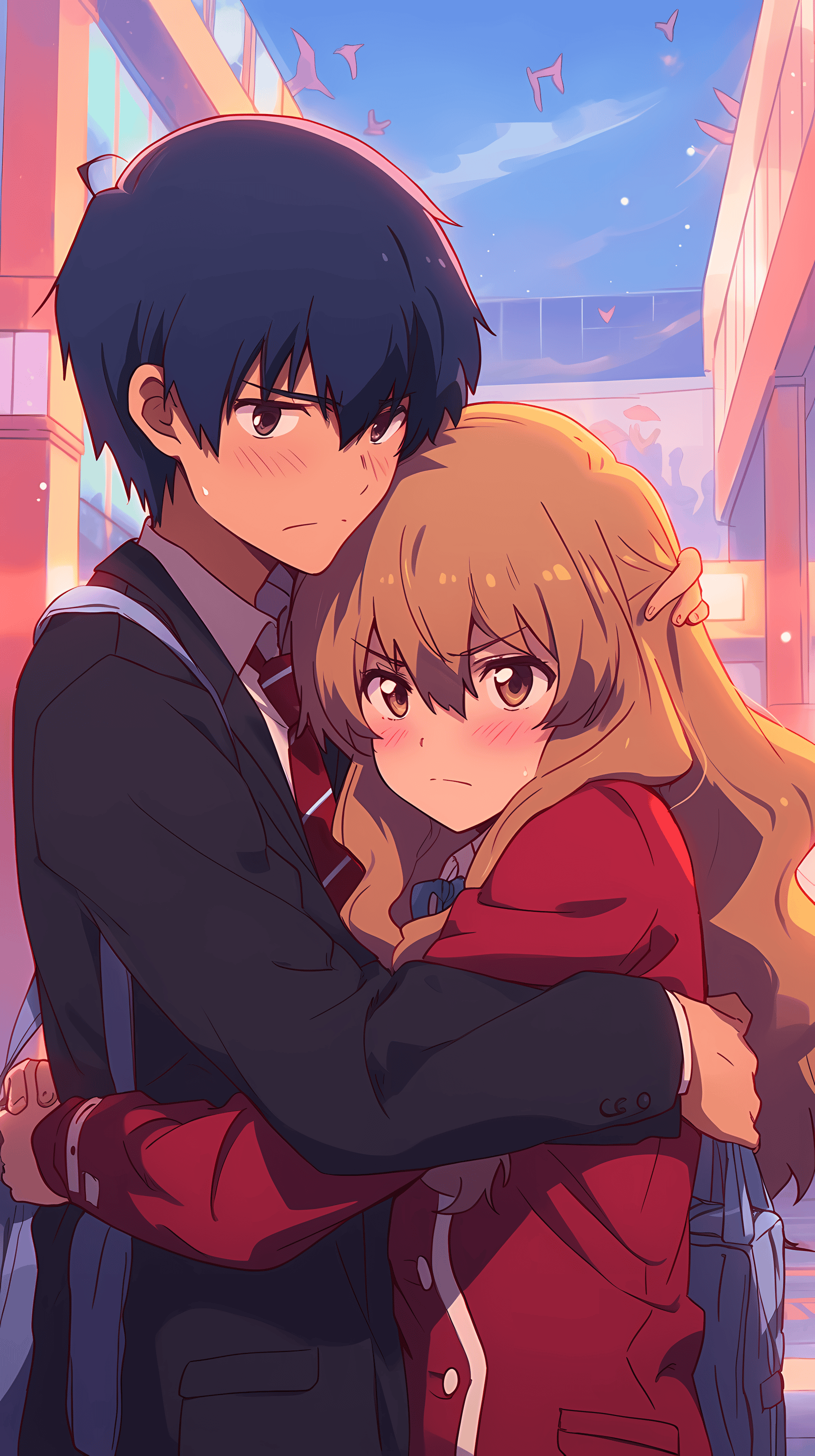 This anime wallpaper captures a tender moment between two high school students, showcasing the essence of youthful romance