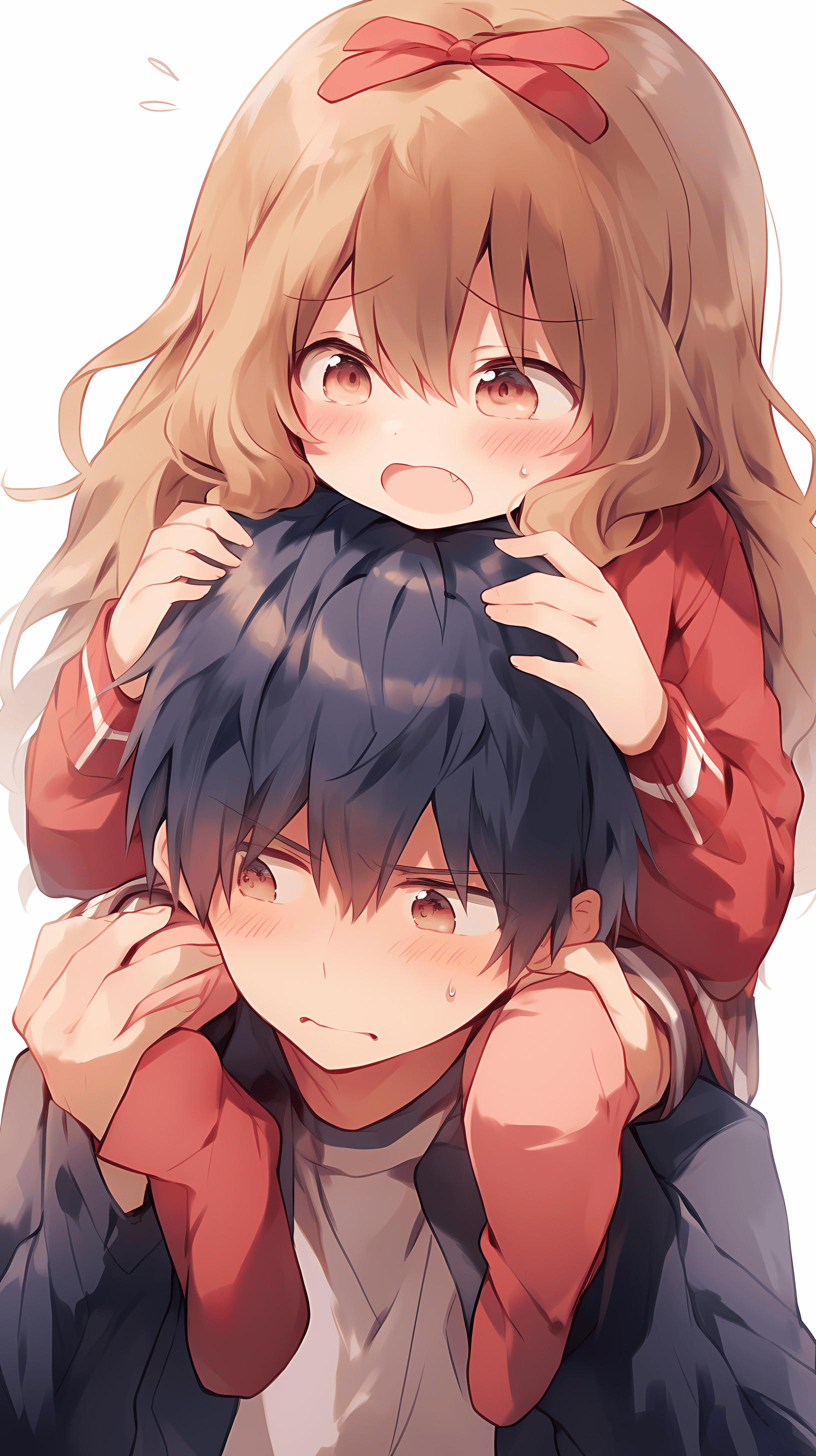 This anime wallpaper captures a heartwarming moment between two young characters