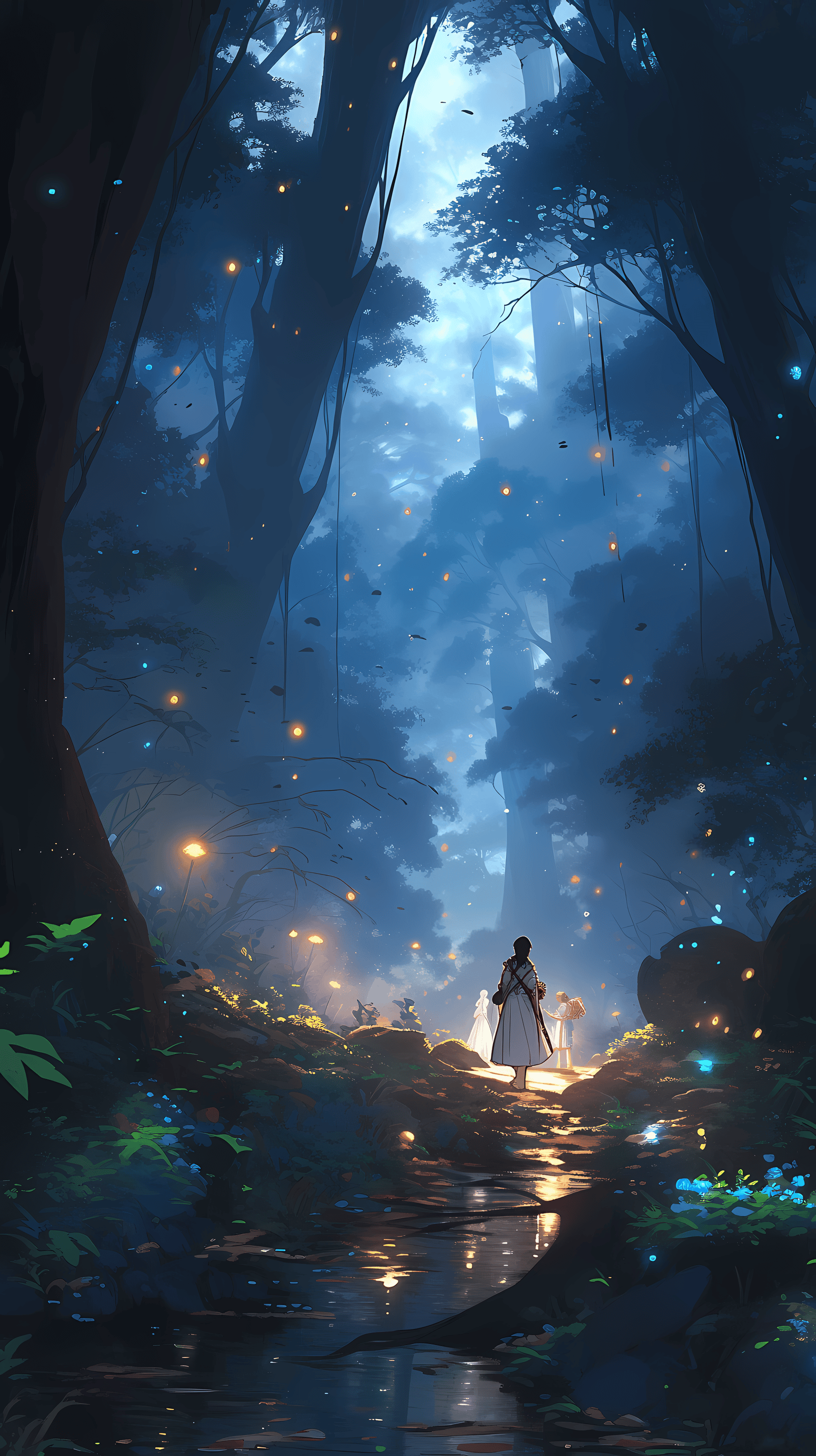 This enchanting anime wallpaper depicts a serene nighttime forest scene illuminated by a soft, ethereal glow