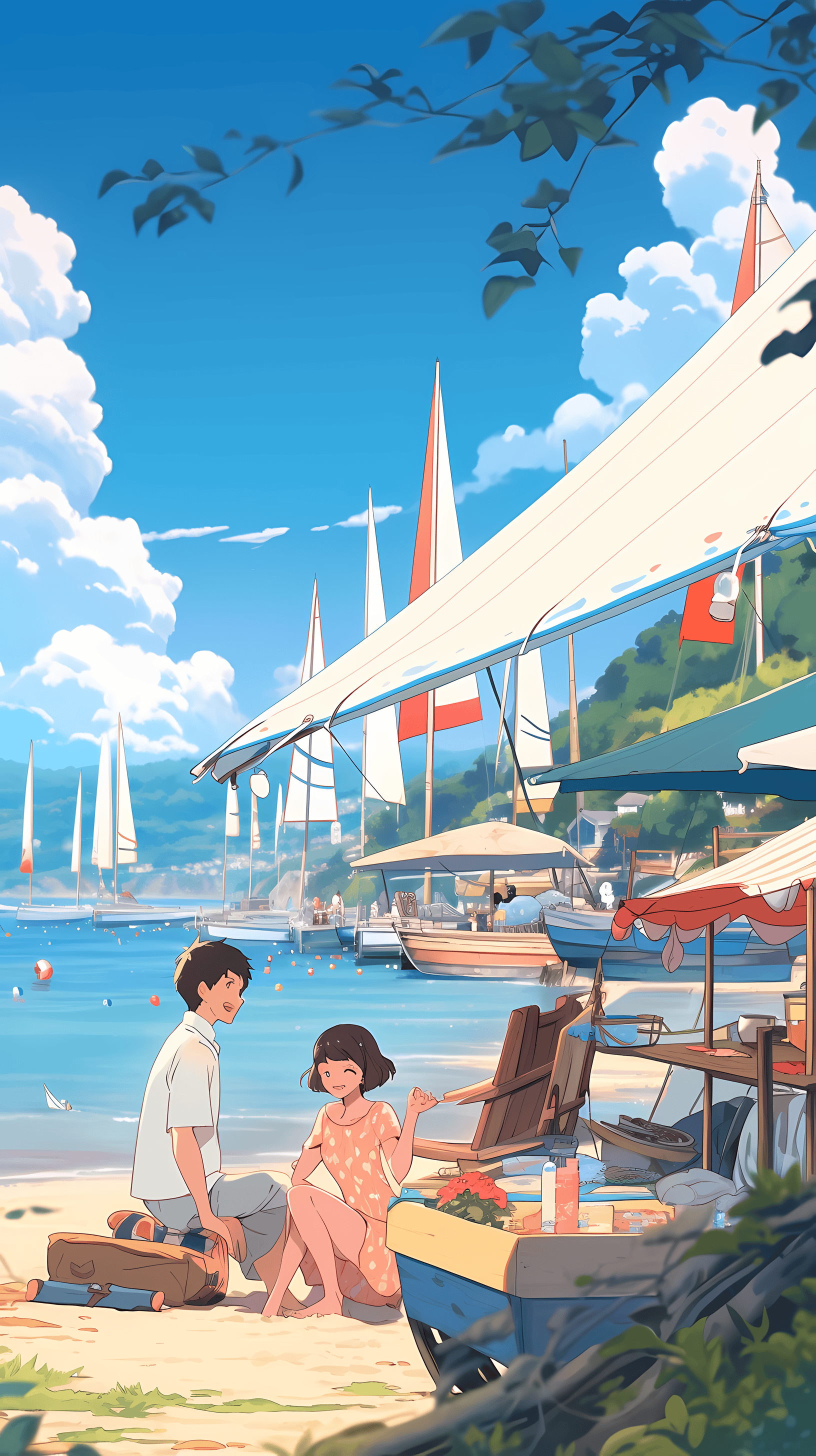 This anime wallpaper captures a serene coastal scene where two young individuals stroll along a sandy beach