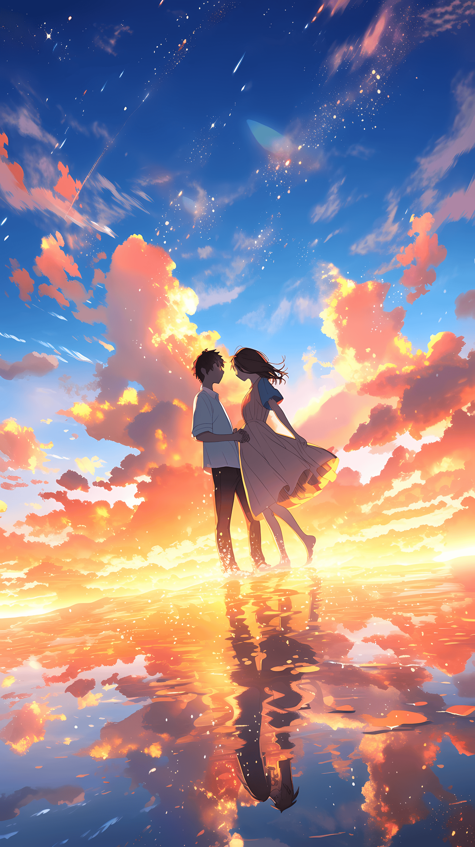 This enchanting anime wallpaper captures a nostalgic reunion between two figures standing on a serene, reflective surface