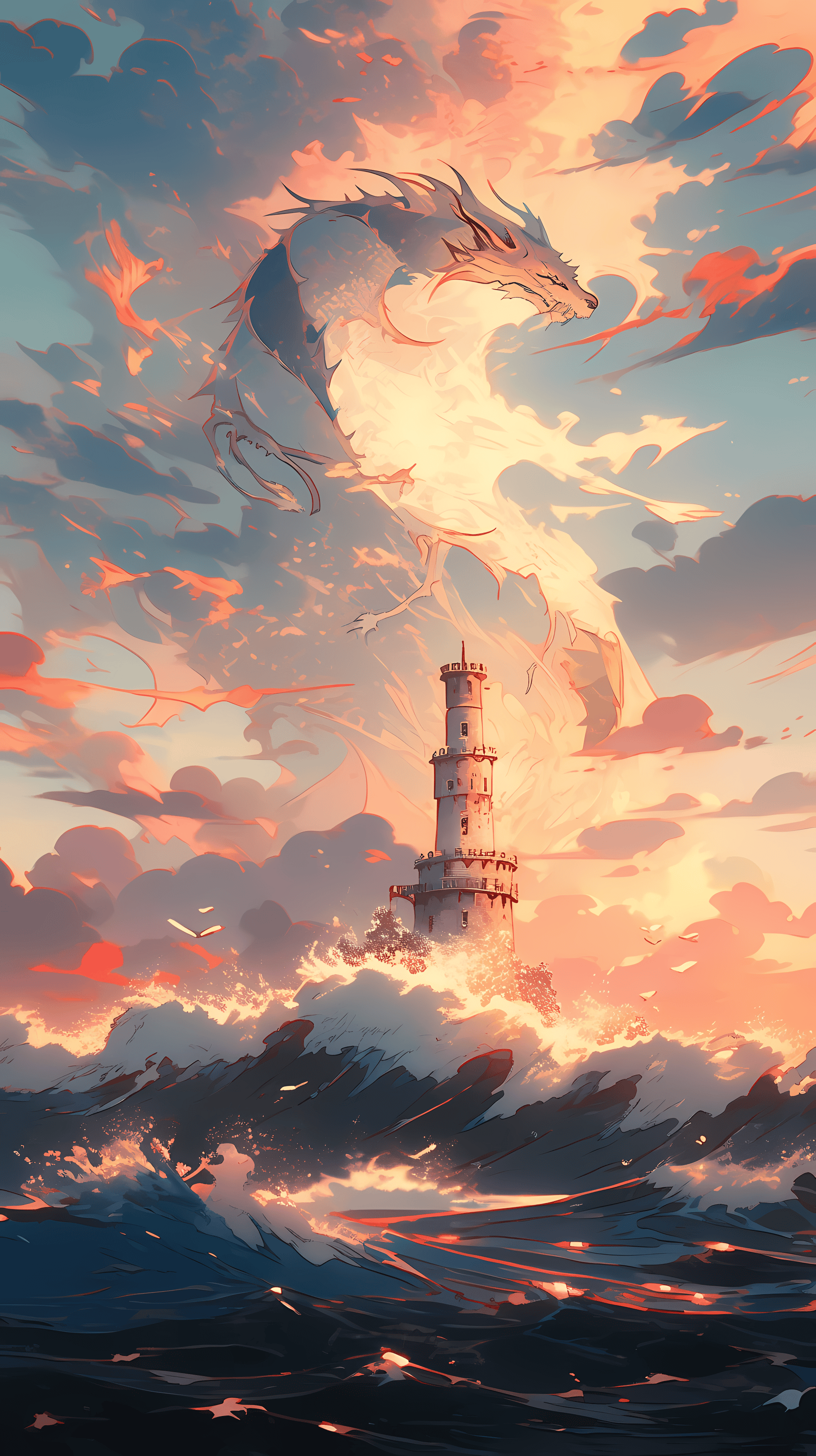 This enchanting anime wallpaper captures a breathtaking scene of a majestic dragon soaring through a vibrant sky filled with fluffy clouds