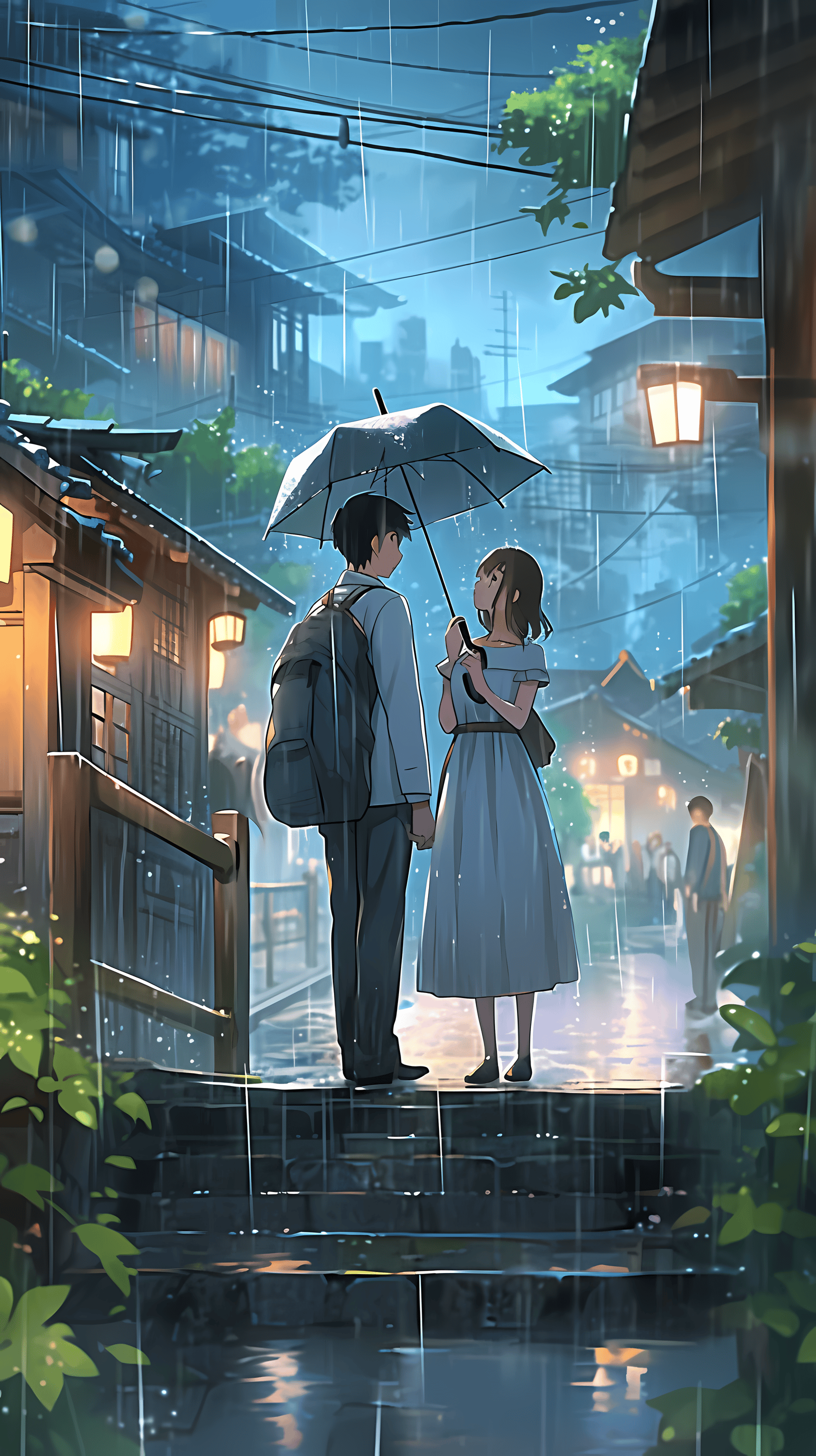 This enchanting anime wallpaper captures a serene and romantic moment between a couple on a rainy day