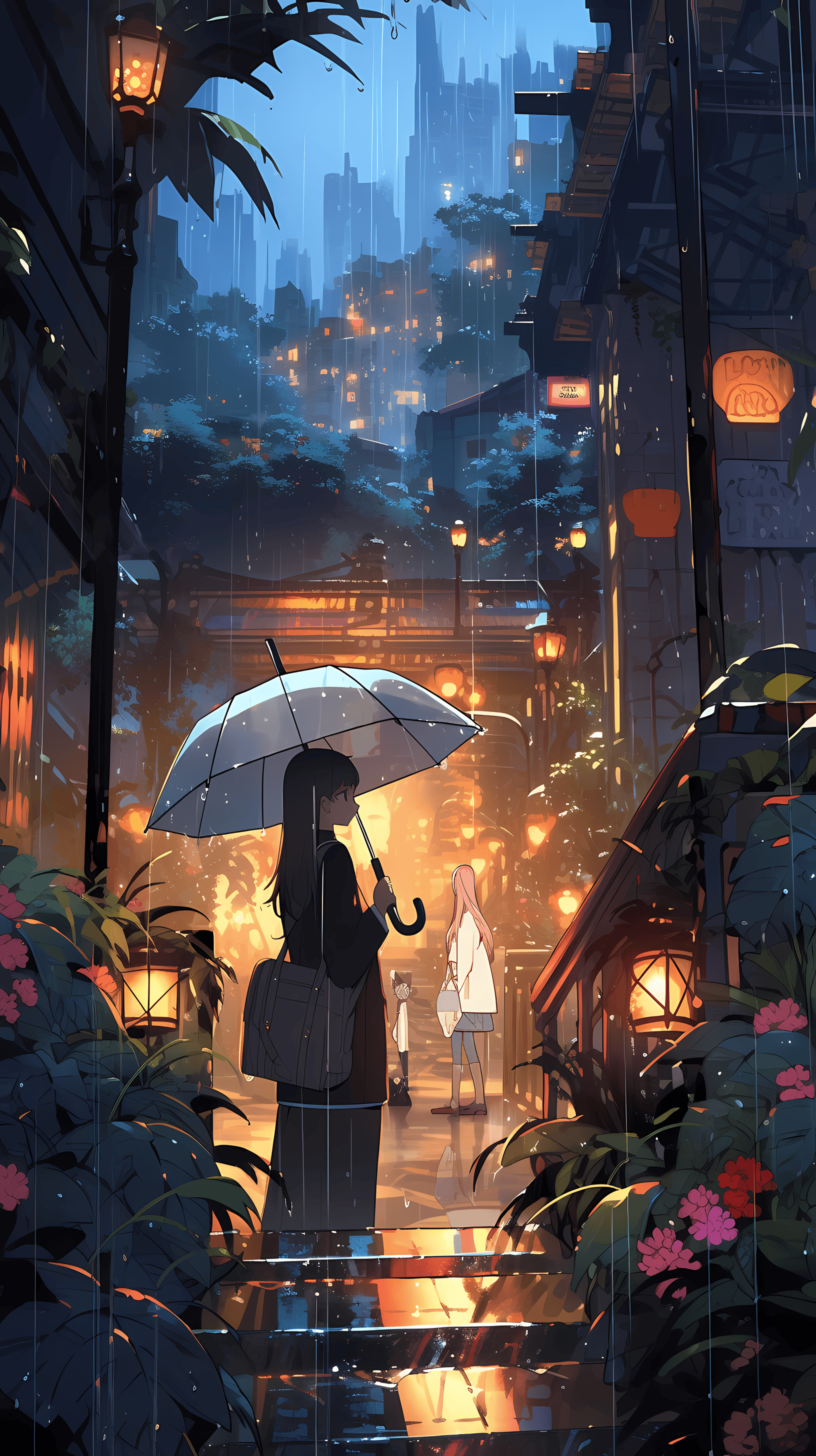 This enchanting anime wallpaper captures a serene and atmospheric rainy day scene