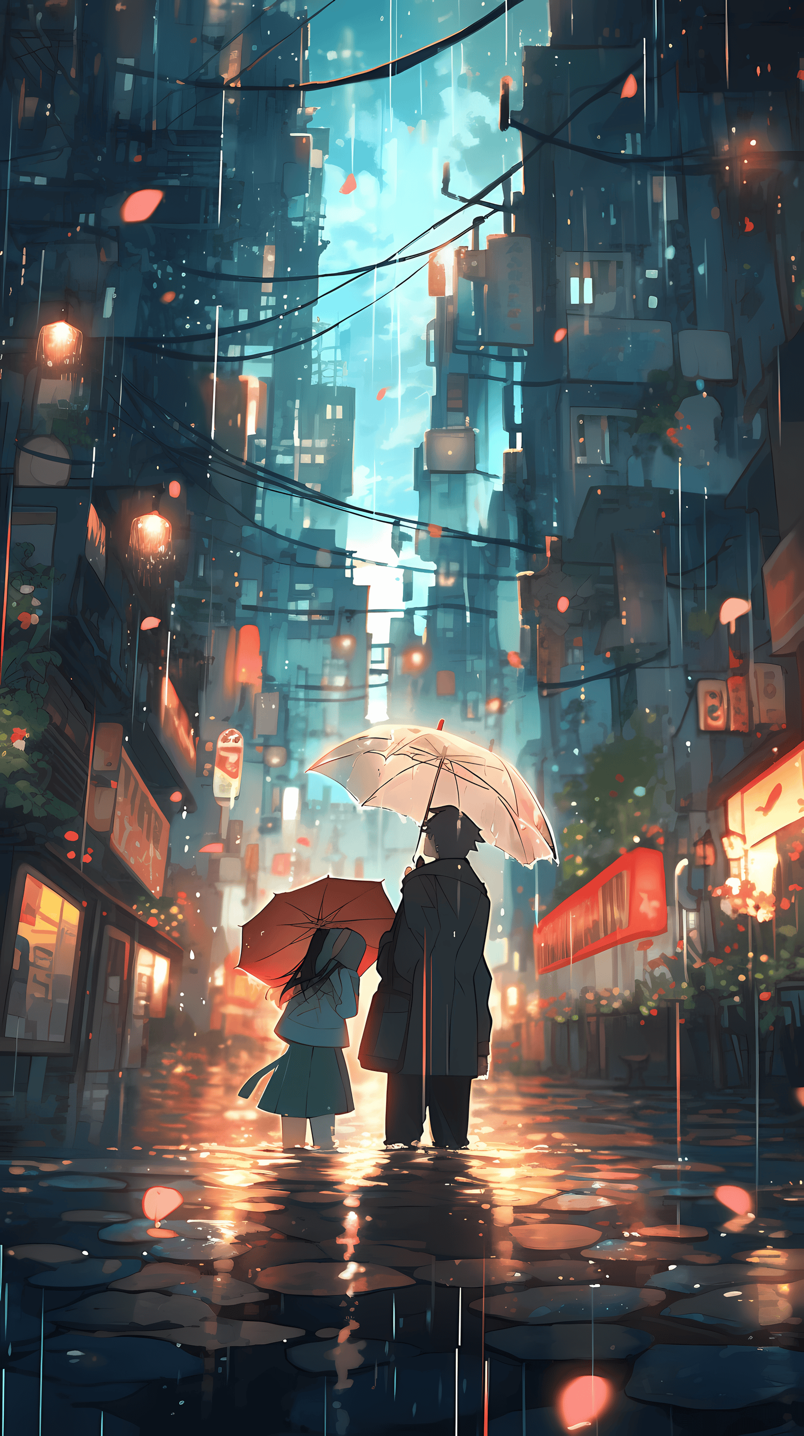 This enchanting anime wallpaper captures a romantic moment on a rainy night