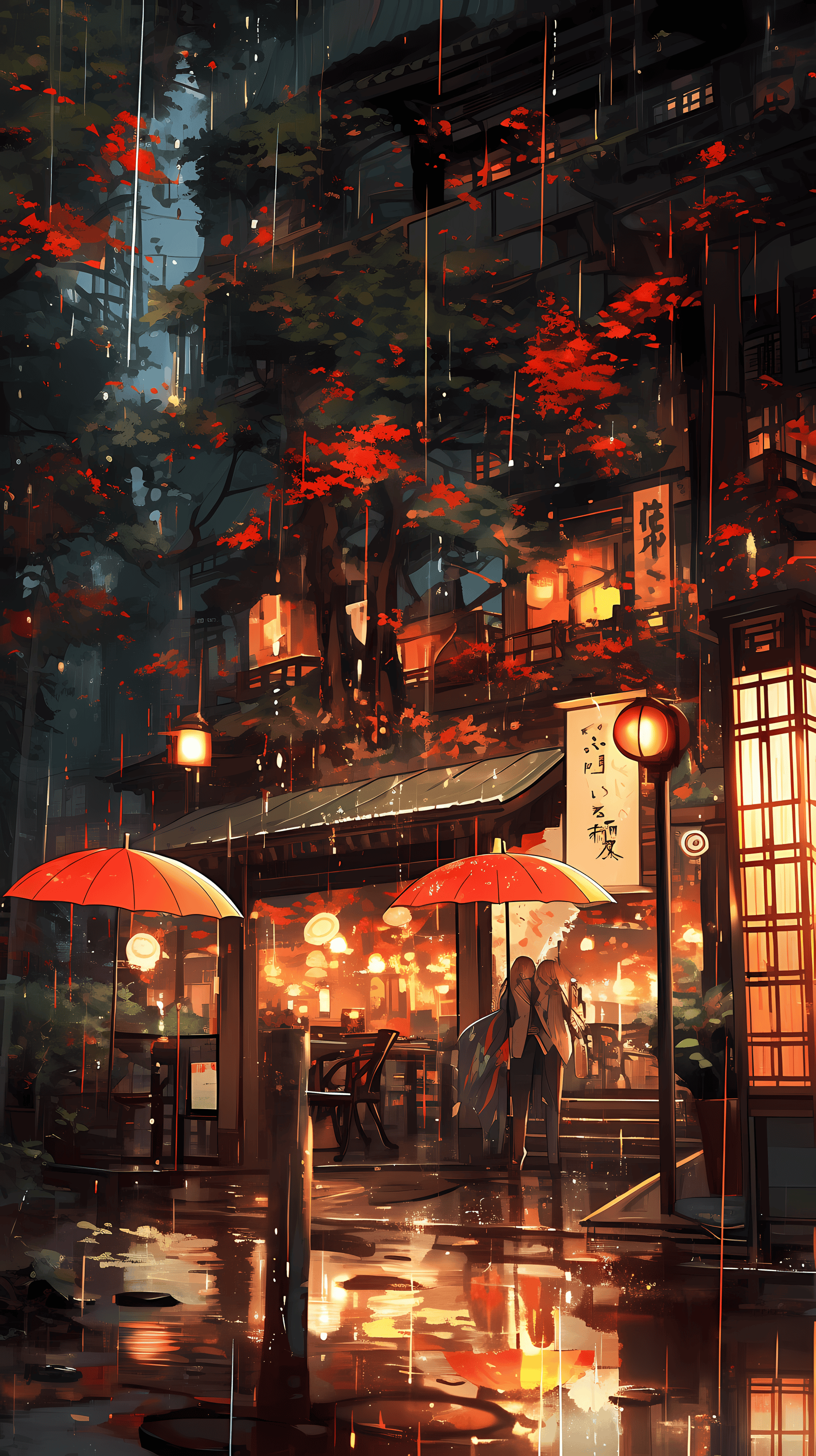 This enchanting anime wallpaper captures a serene and romantic scene of a rainy urban night