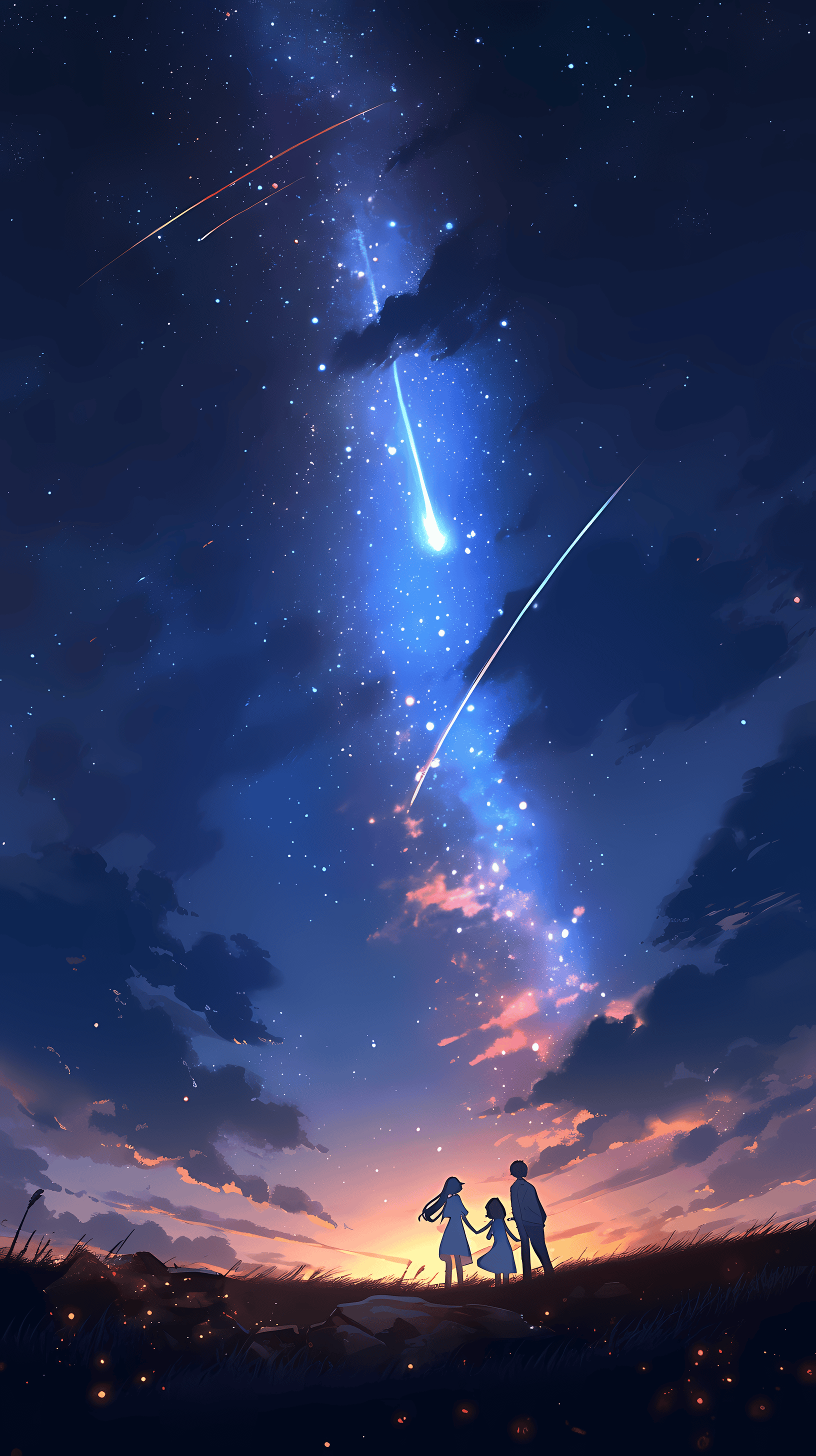 This enchanting anime wallpaper captures a serene night scene under a star-studded sky