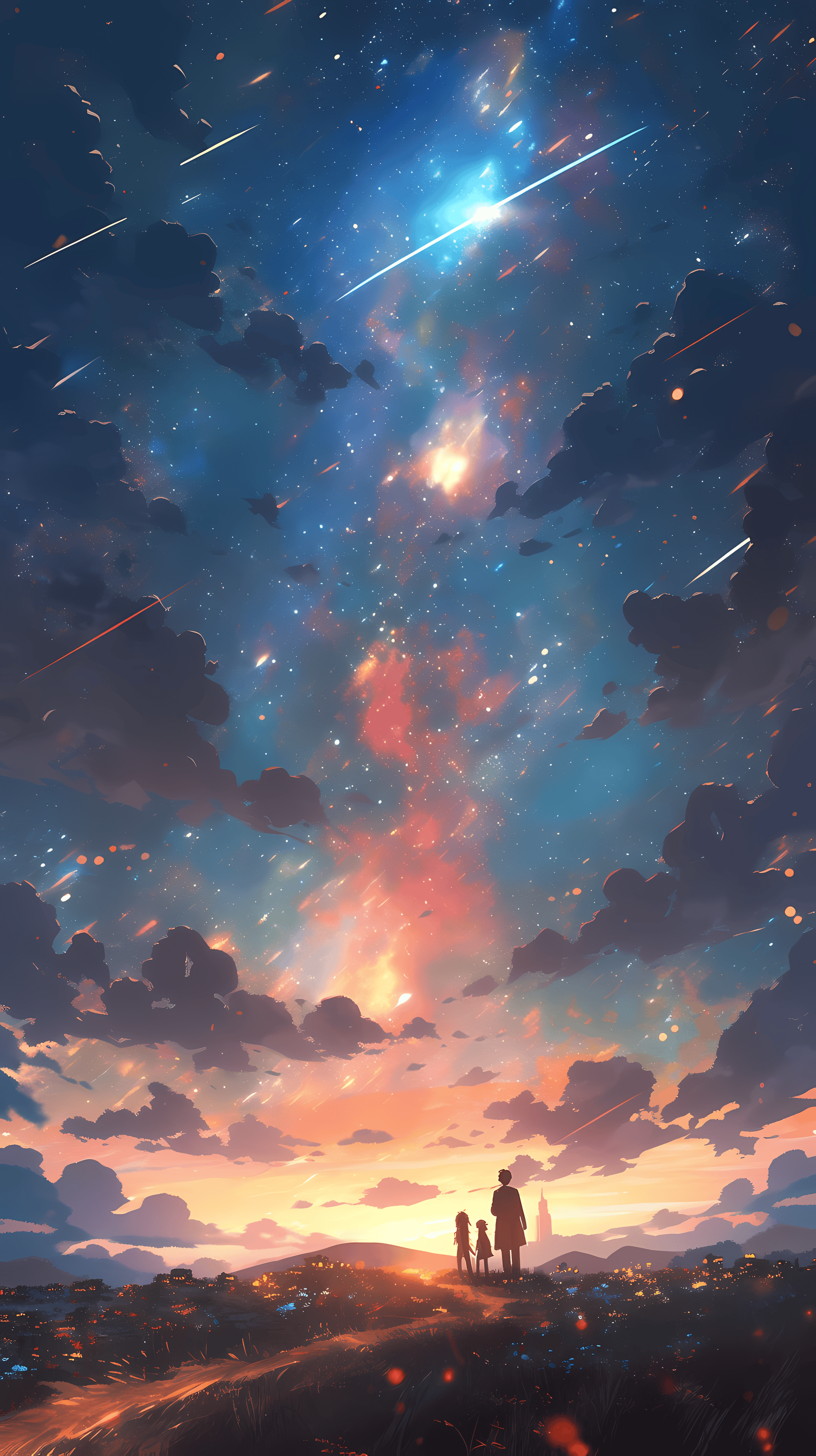 This enchanting anime wallpaper captures a romantic scene under a breathtaking night sky filled with stars and shooting meteors