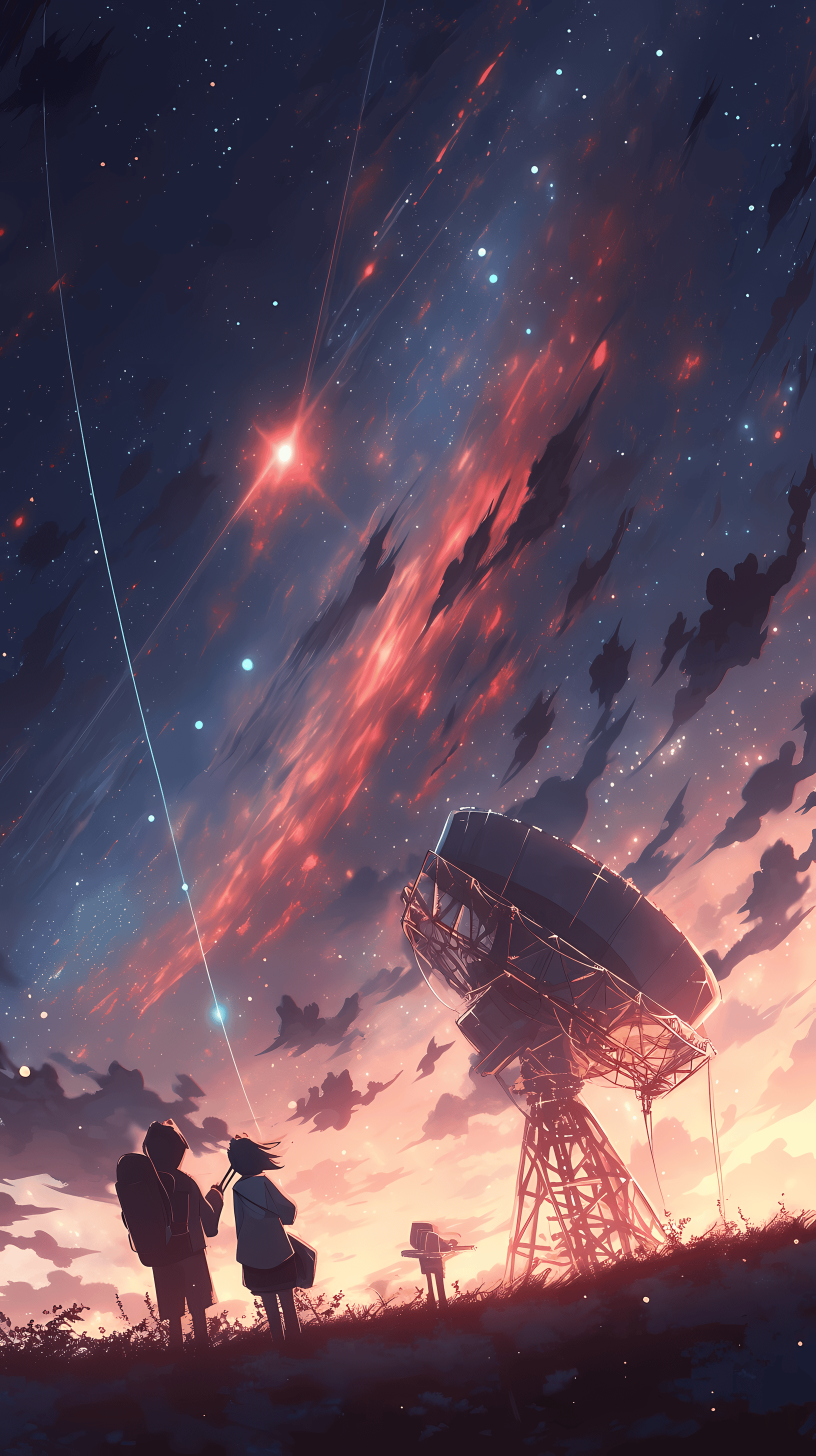 This captivating anime wallpaper depicts a serene and mystical scene under a star-studded night sky