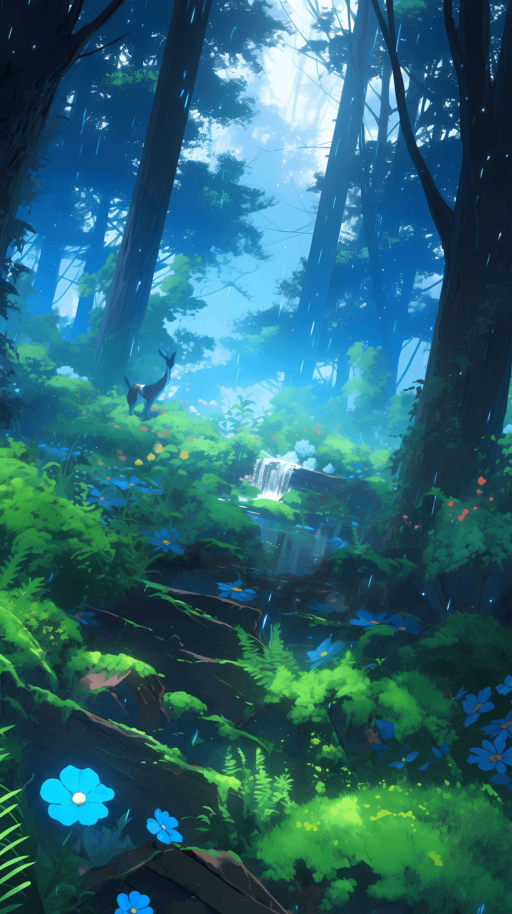 This anime wallpaper captures a serene and enchanting forest scene, bathed in a soft, ethereal light