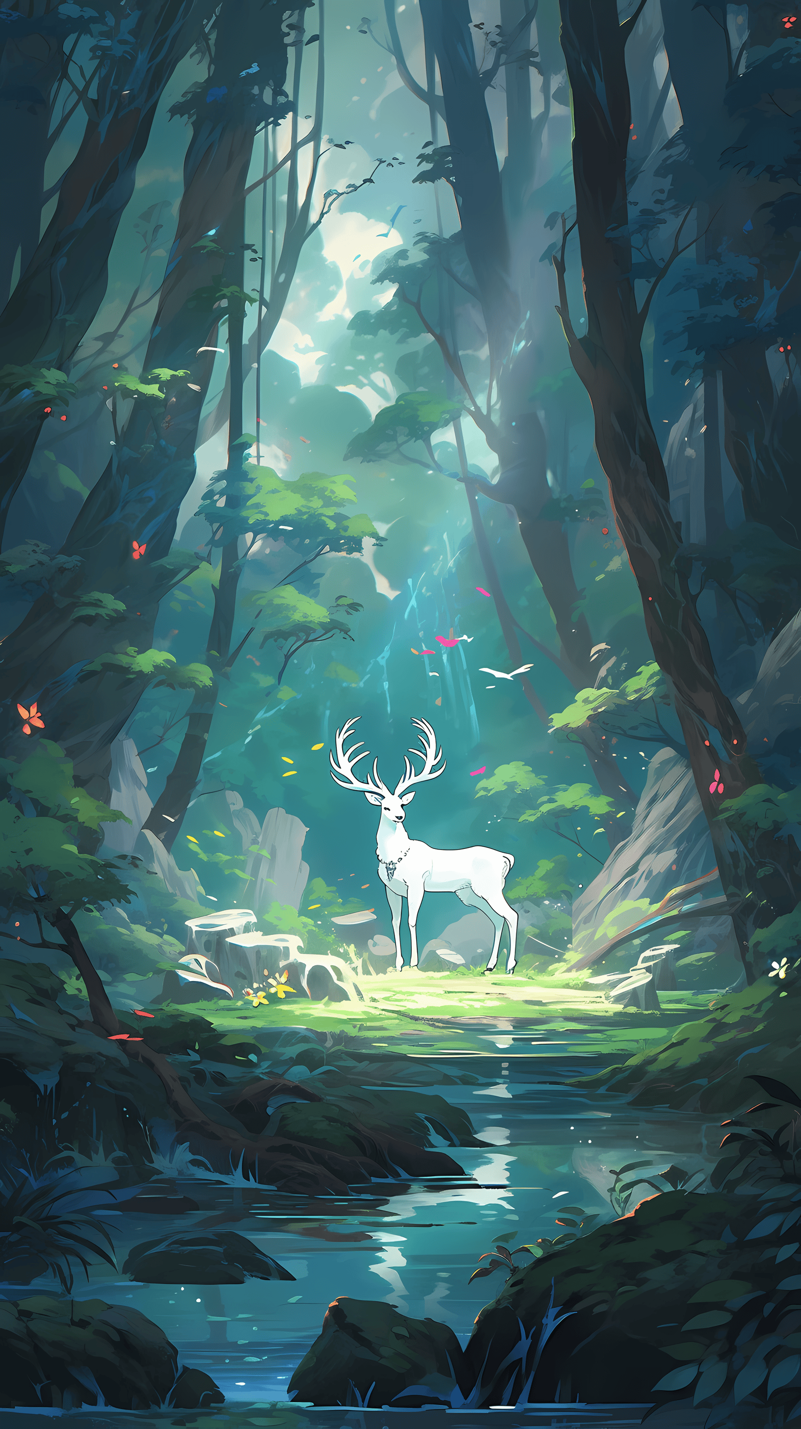This enchanting anime wallpaper captures a serene forest scene illuminated by soft, ethereal light