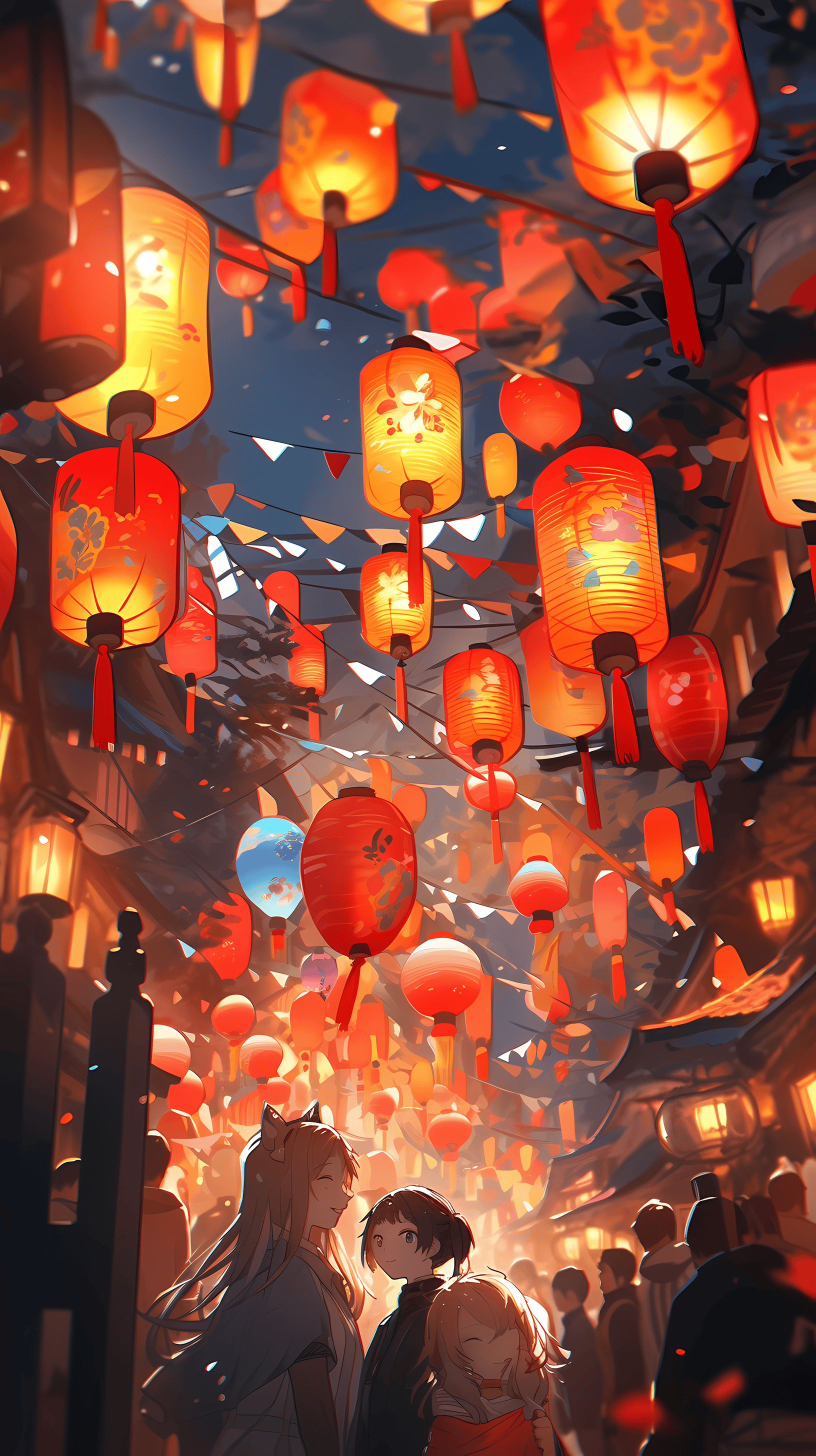 This anime wallpaper captures a vibrant and festive scene, filled with a multitude of colorful lanterns illuminating the night sky