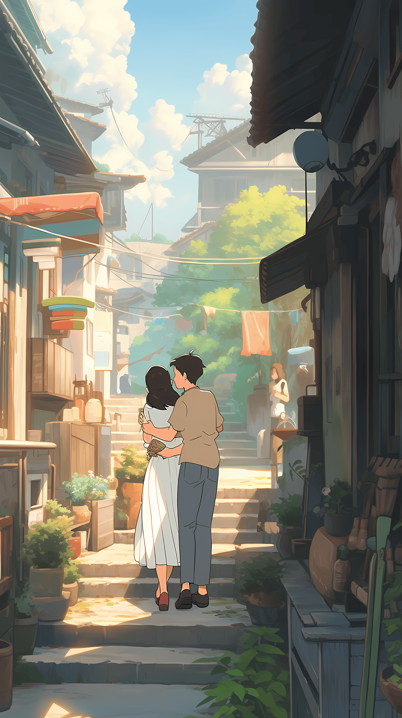 This enchanting anime wallpaper captures a serene moment between two individuals strolling down a picturesque street