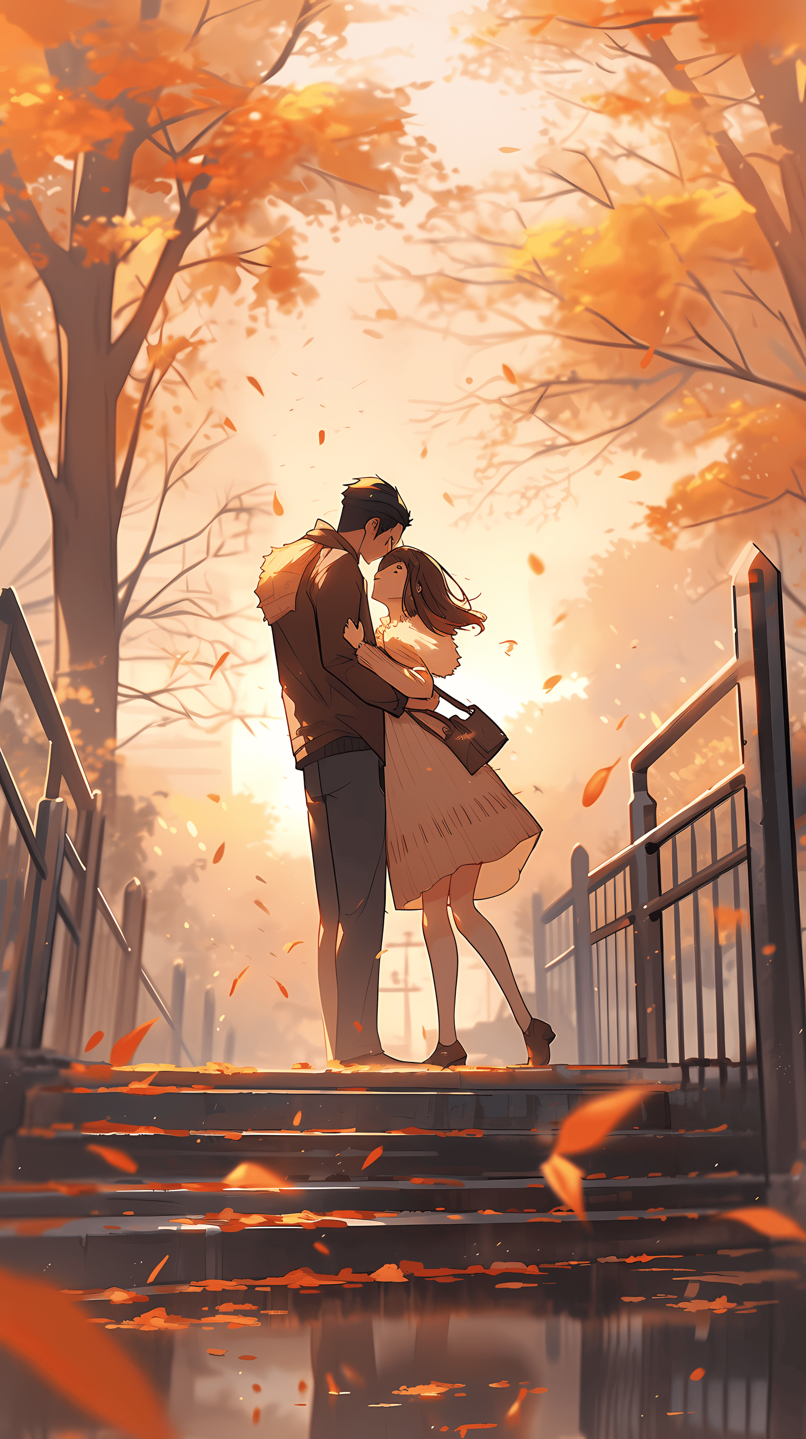 This enchanting anime wallpaper captures a tender moment between two young lovers amidst a picturesque autumn setting