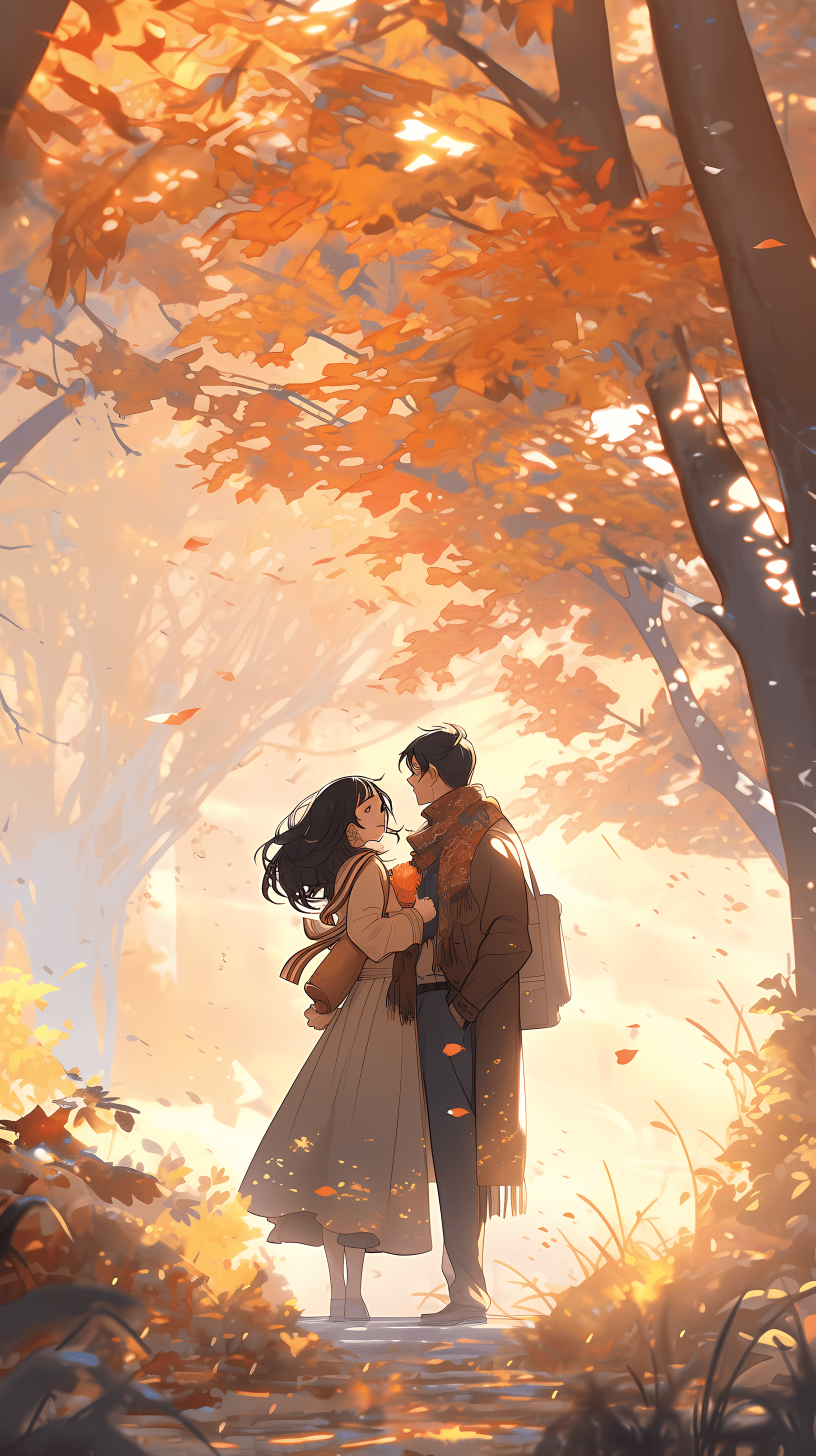This enchanting anime wallpaper captures a nostalgic autumn romance scene