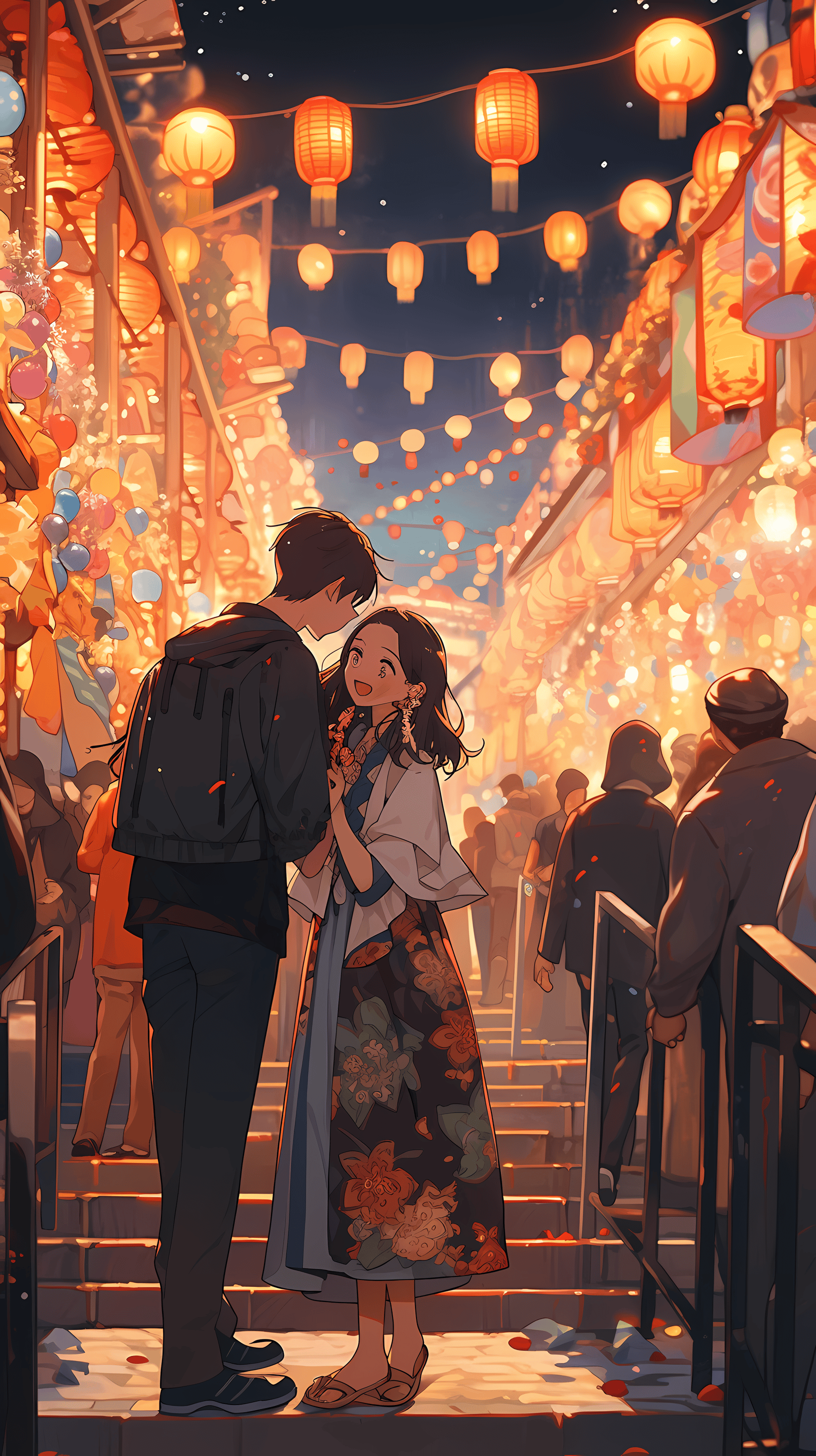This enchanting anime wallpaper captures a romantic moment between a couple under a canopy of glowing lanterns