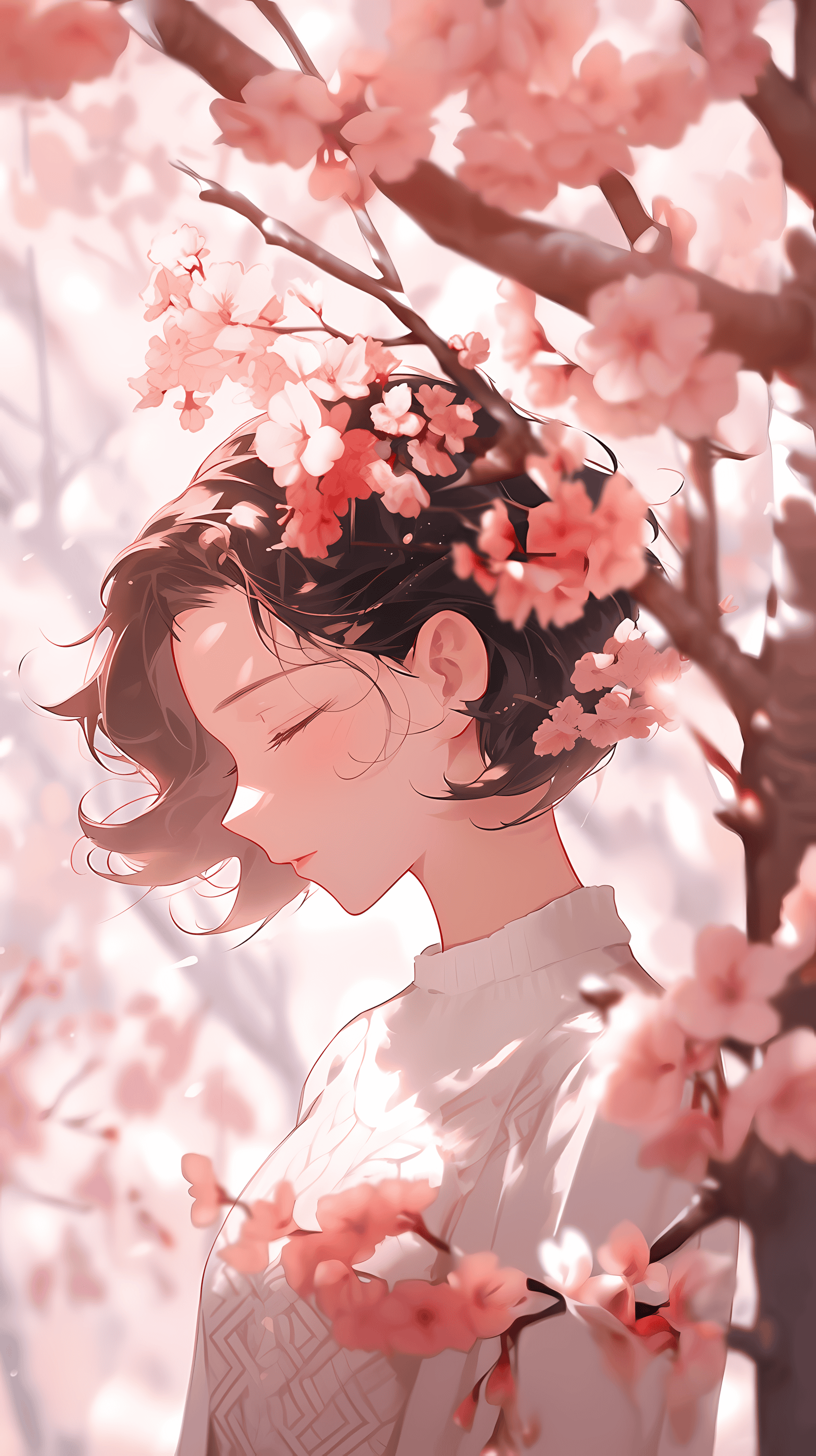 This enchanting anime wallpaper captures a serene moment under a canopy of cherry blossoms, also known as sakura
