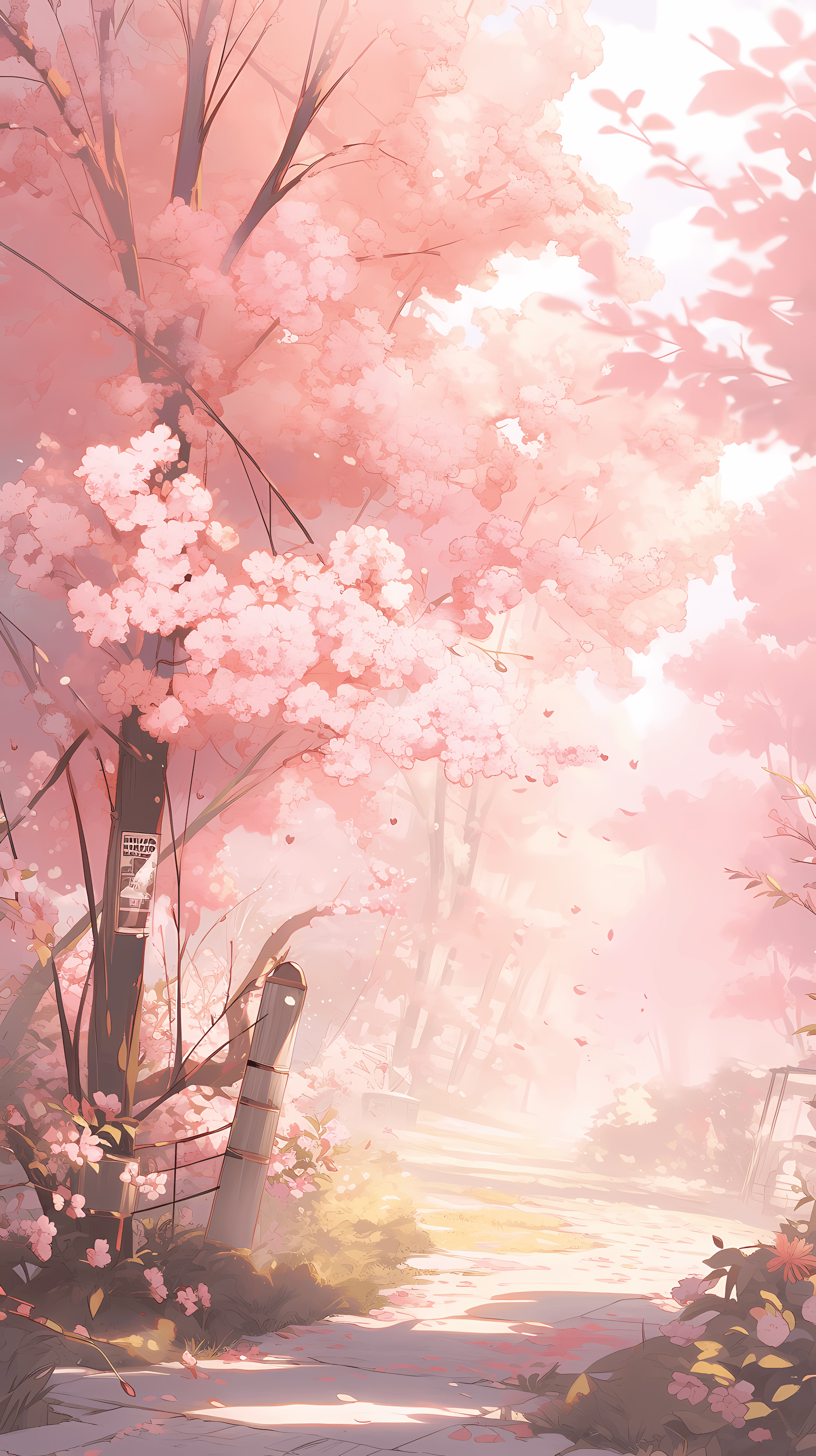 This enchanting anime wallpaper captures a serene garden bathed in the soft glow of cherry blossoms