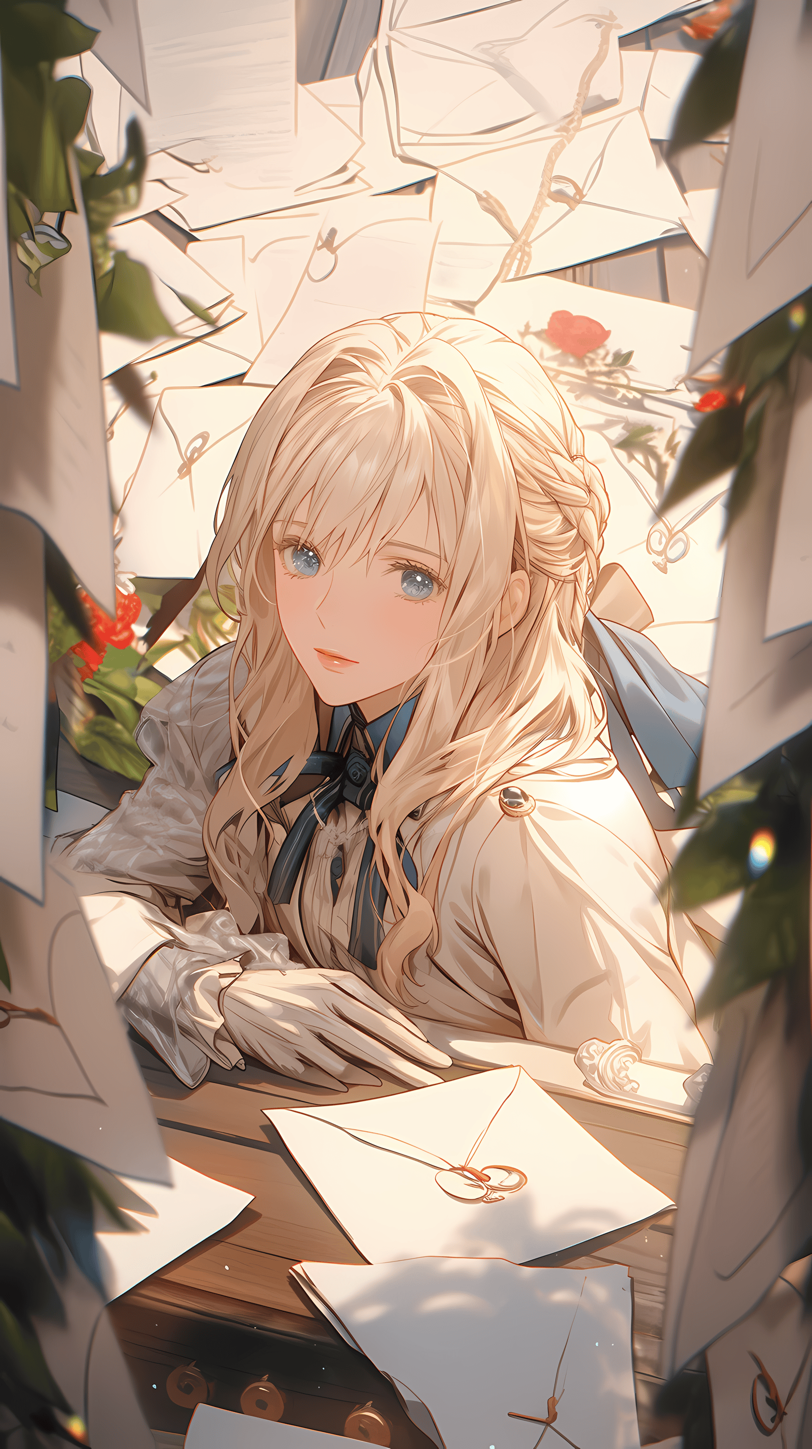 This captivating anime wallpaper features a young woman with long, flowing blonde hair and striking blue eyes, engrossed in writing a love letter