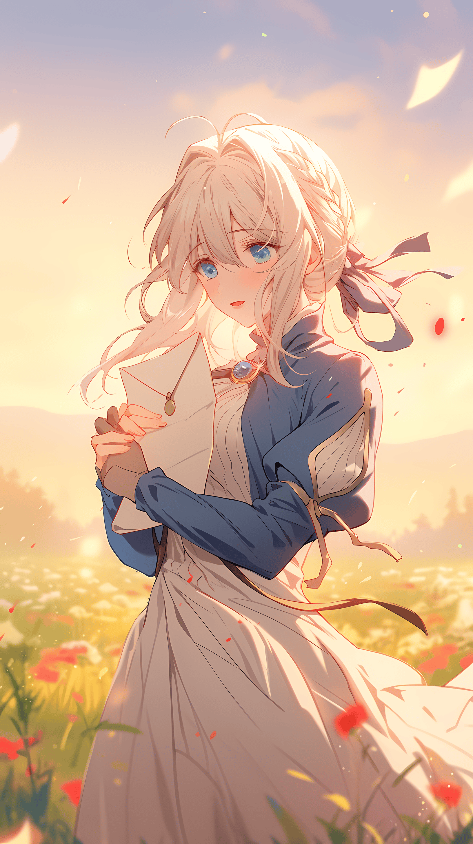 This enchanting anime wallpaper captures a serene moment of a young woman with flowing blonde hair, adorned in a vintage-style dress, exchanging love letters amidst a picturesque landscape