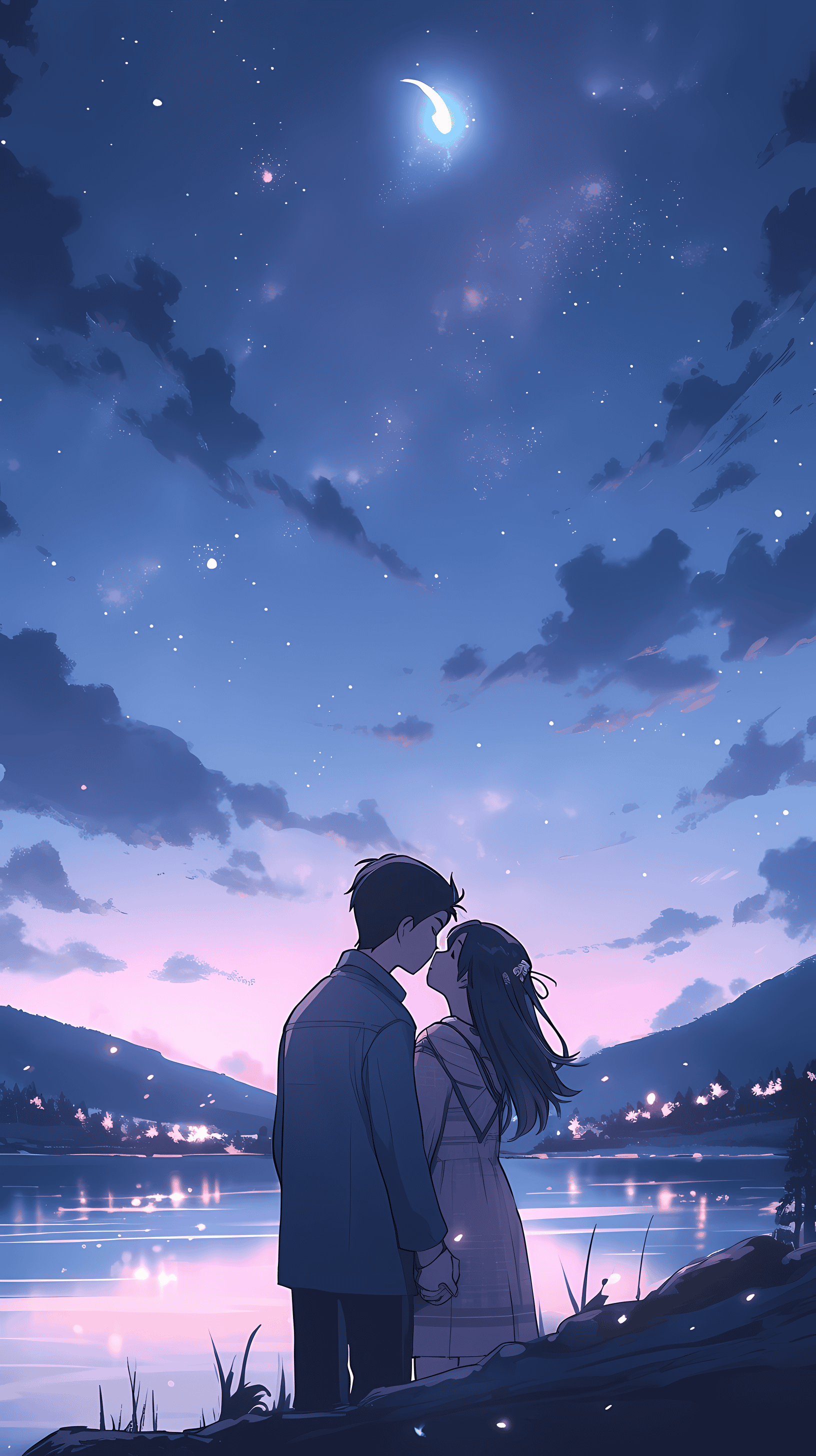 This enchanting anime wallpaper captures a serene nighttime scene under a starlit sky