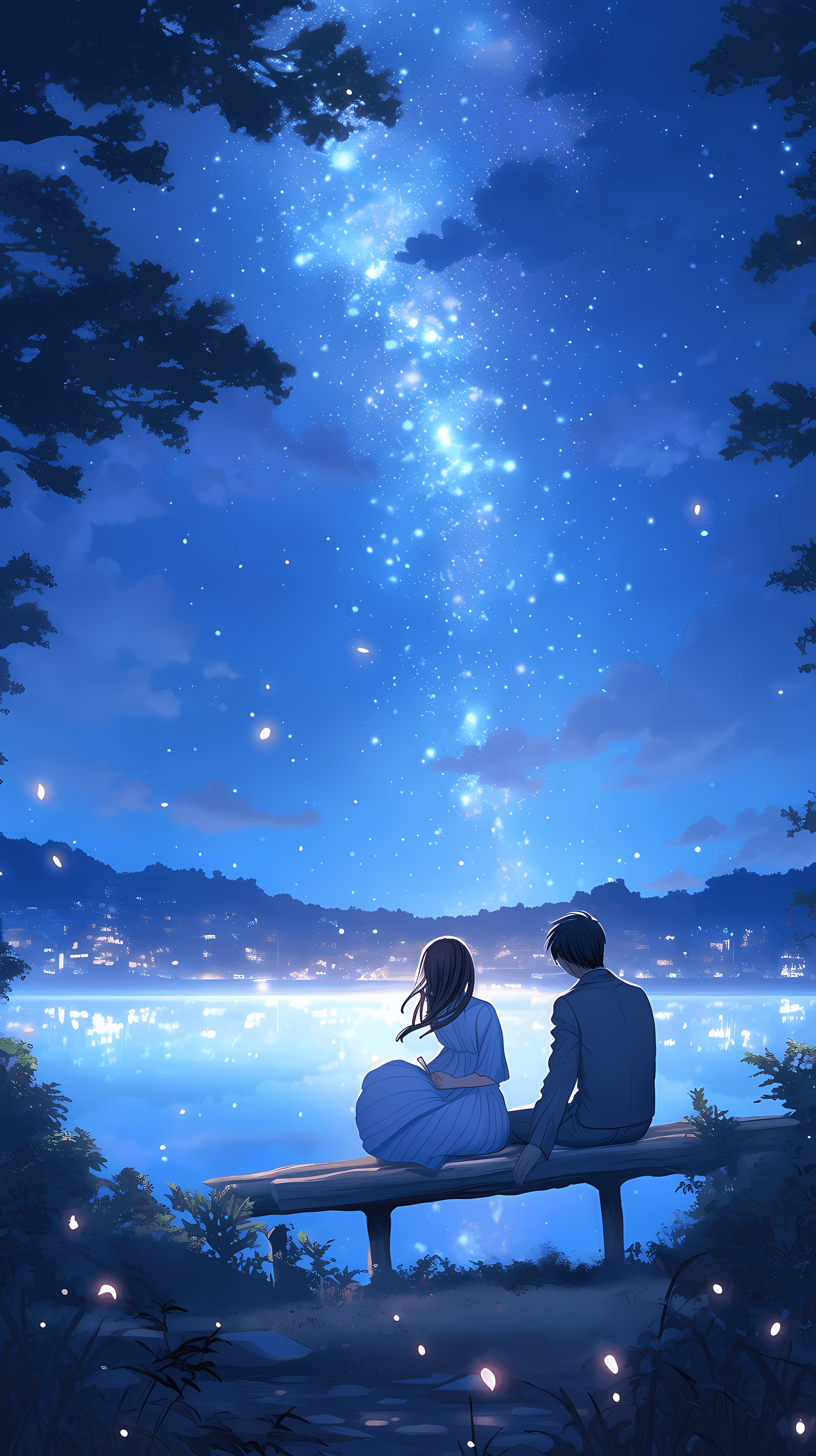 This enchanting anime wallpaper captures a serene nighttime scene under a star-studded sky