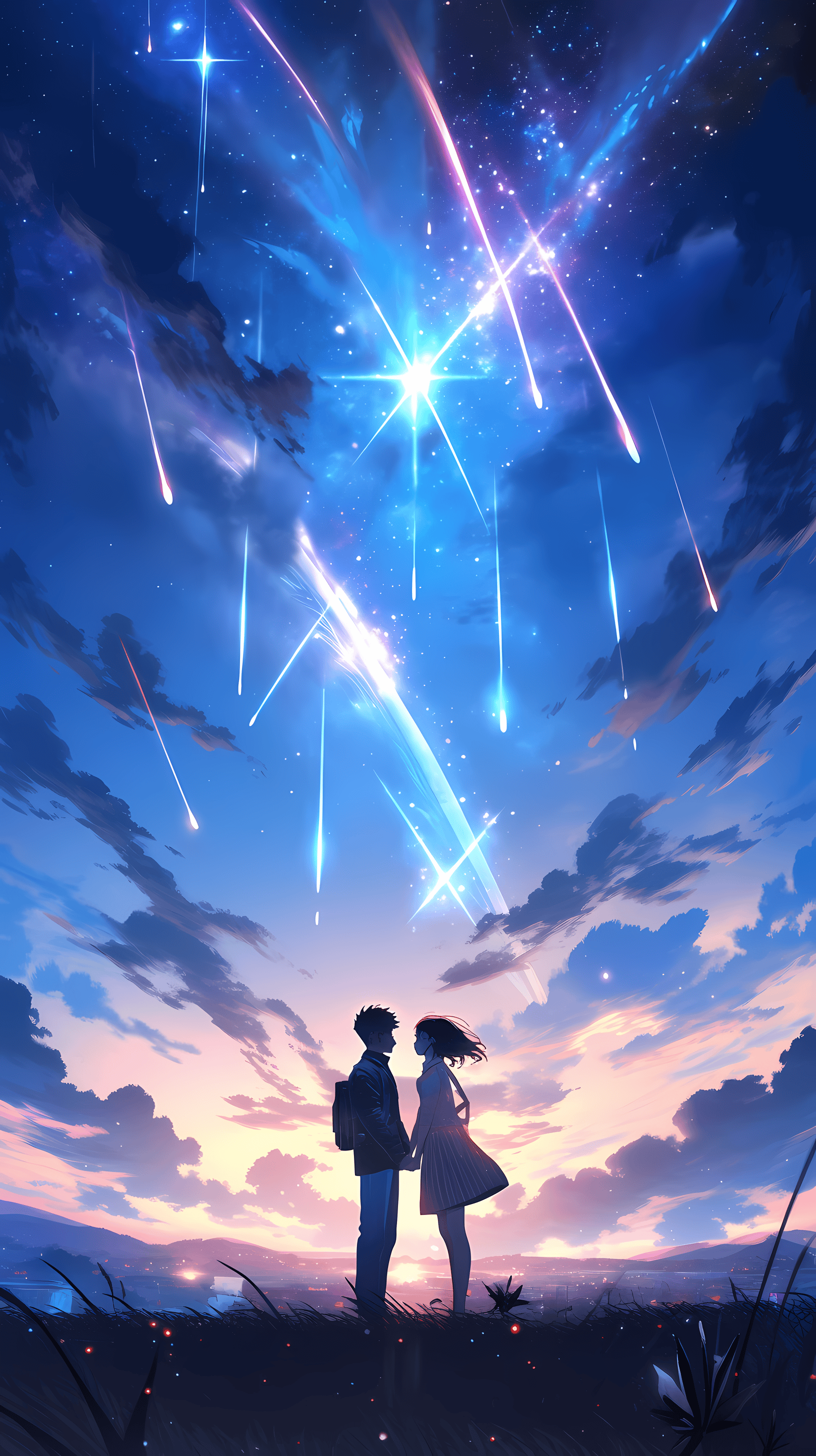 This enchanting anime wallpaper captures a romantic moment under a starlit sky