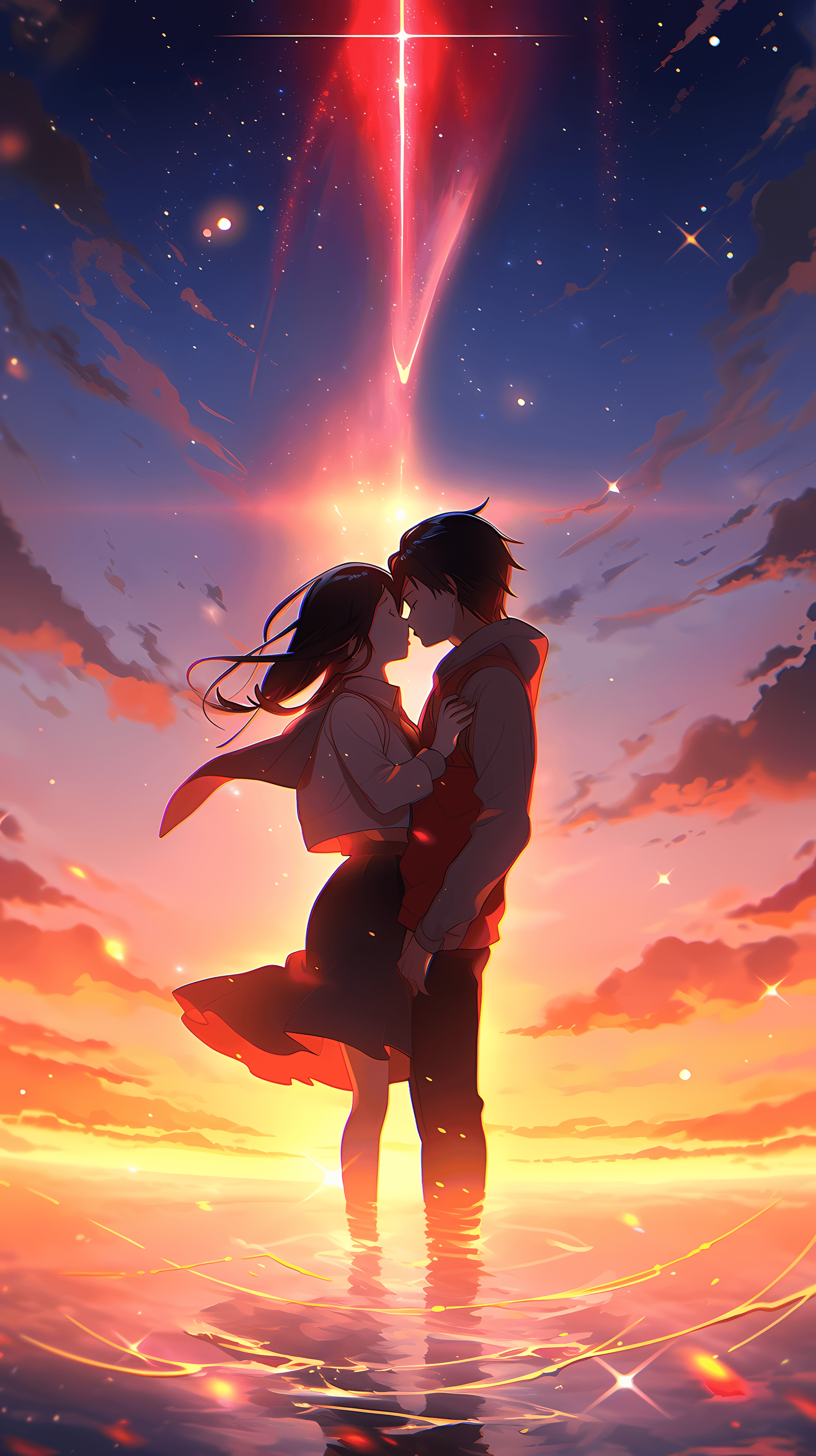 This enchanting anime wallpaper captures a romantic moment between two figures set against a breathtaking sunset backdrop