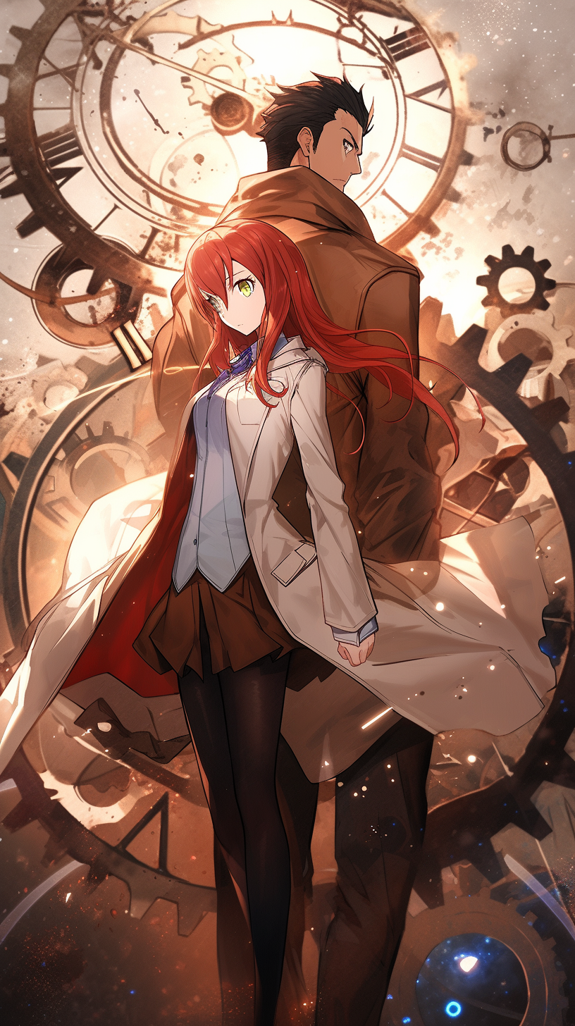 This captivating anime wallpaper features two characters from the popular series 'Steins Gate' set against a backdrop of intricate clockwork gears and a large, ornate clock