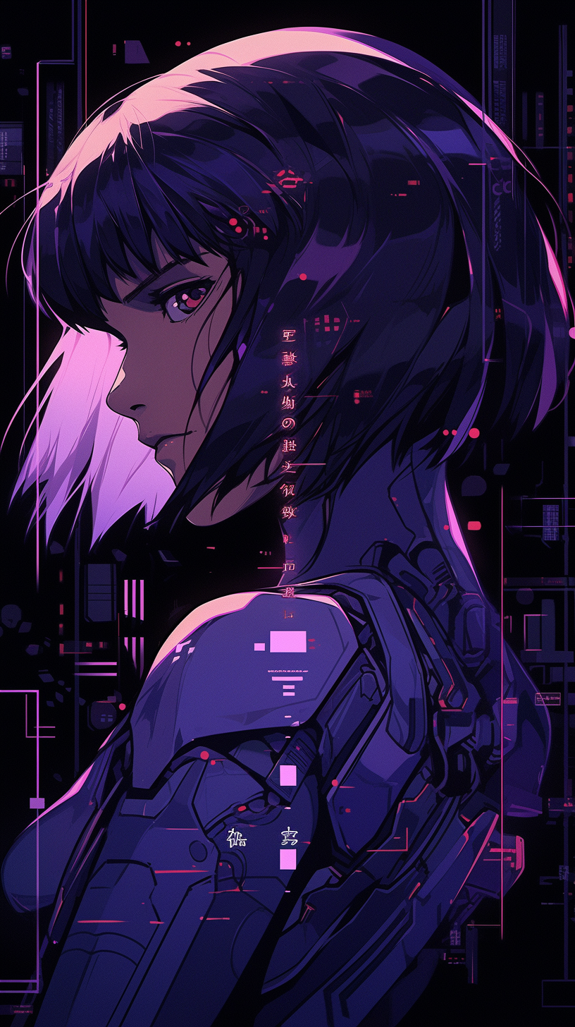 This anime wallpaper features a striking cyberpunk aesthetic, showcasing a character from the iconic 'Ghost in the Shell' series
