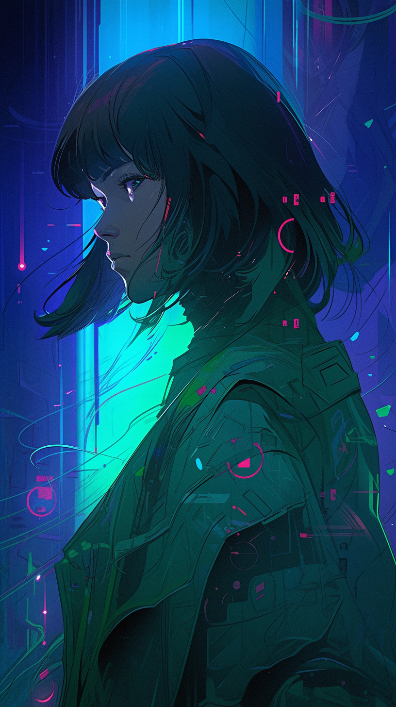 This captivating anime wallpaper features a mysterious figure, Kusanagi, standing amidst a futuristic, neon-lit cityscape