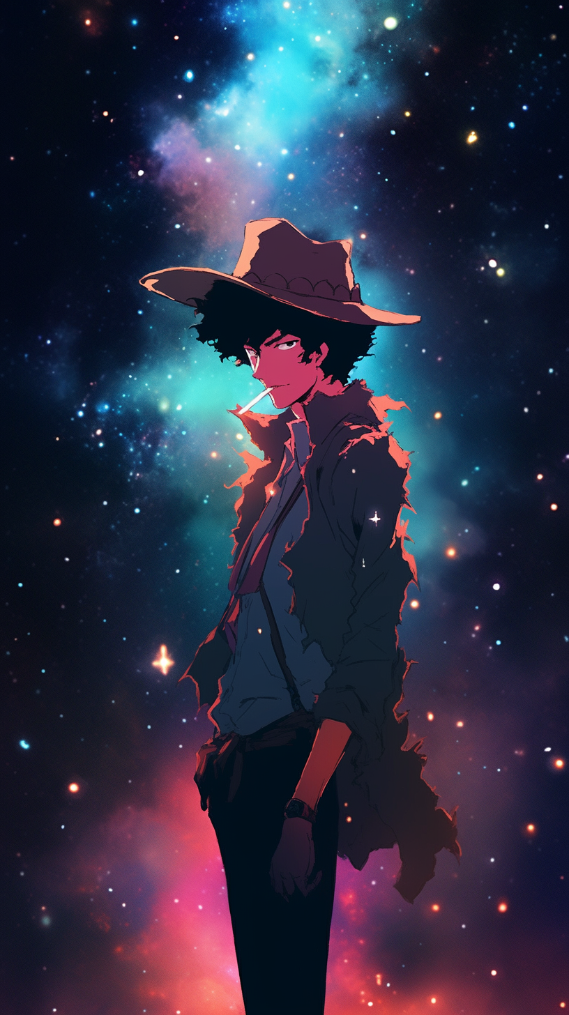 This anime wallpaper features a stylish, noir-inspired cowboy standing against a vibrant, cosmic backdrop