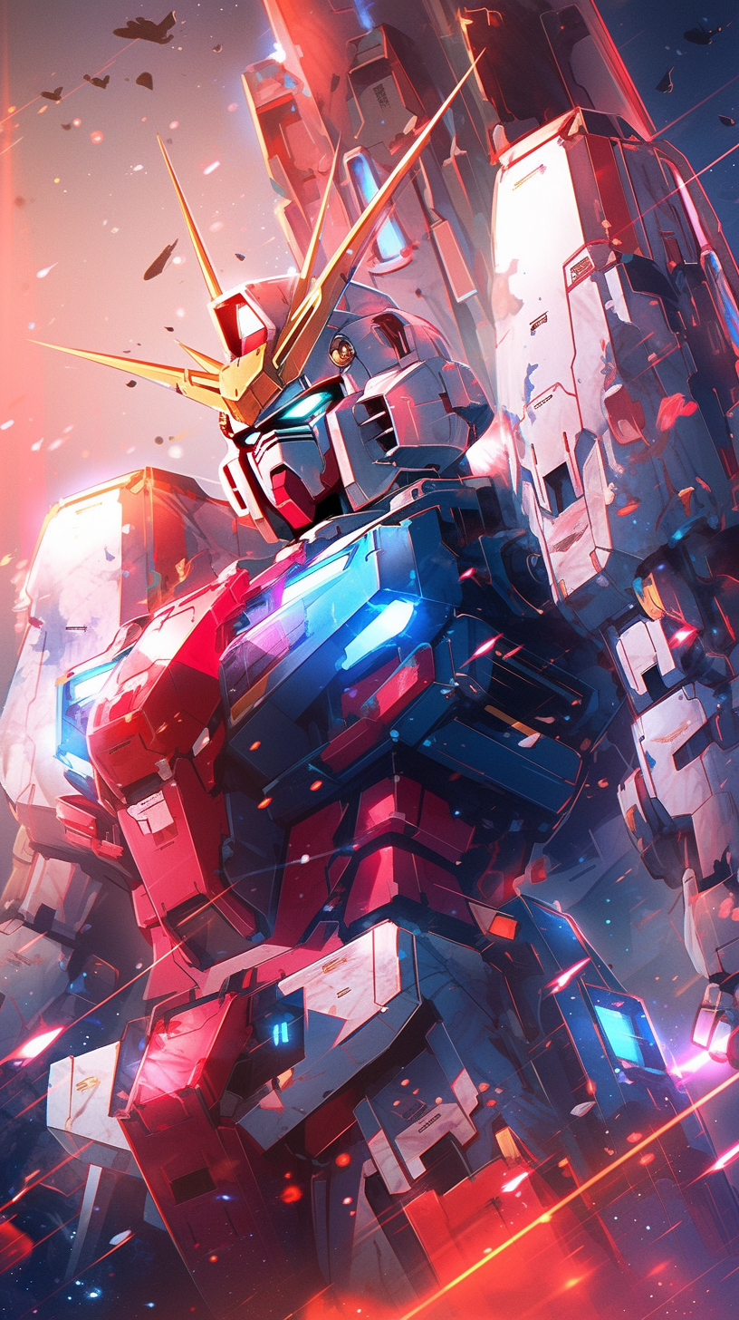 This anime wallpaper captures an epic battle scene featuring a Gundam mech