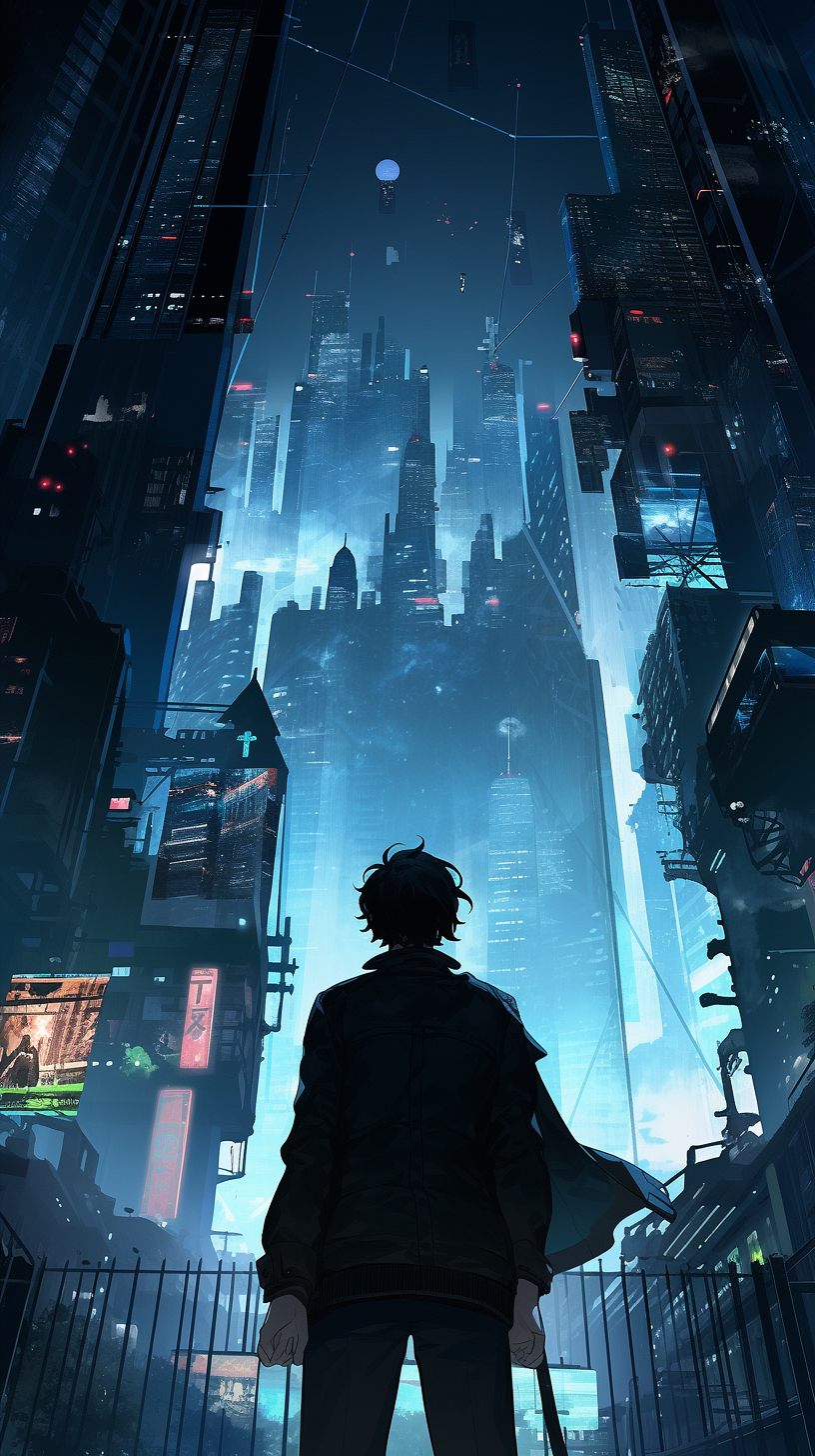 This captivating anime wallpaper showcases a futuristic cityscape at night, illuminated by neon lights and towering skyscrapers