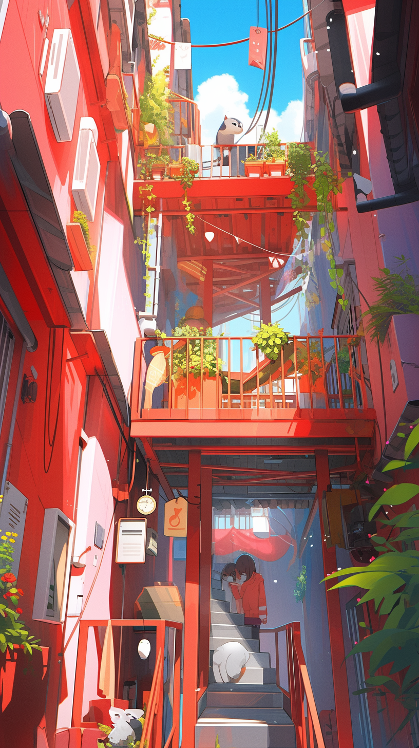 This anime wallpaper depicts a surreal and vibrant scene of a narrow alleyway filled with whimsical elements