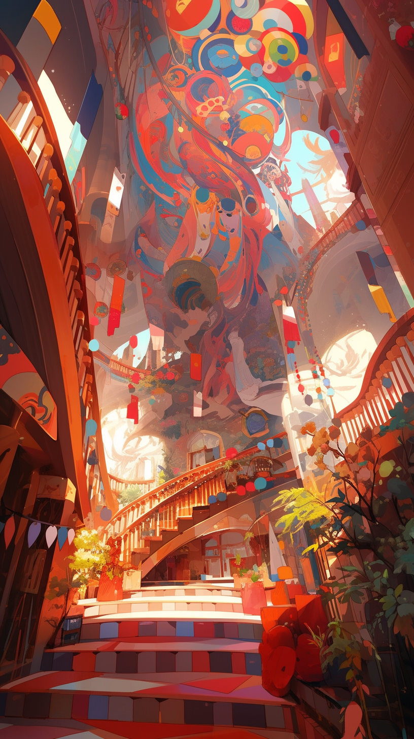 This anime wallpaper depicts a surreal dreamscape with vibrant colors and intricate designs