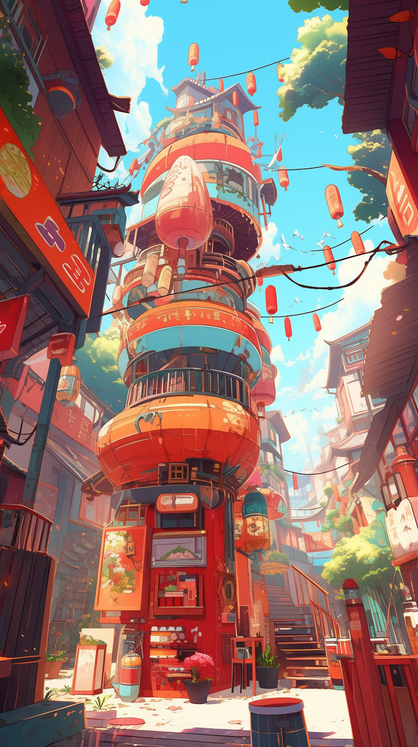This anime wallpaper captures a whimsical and vibrant scene of a fantastical cityscape