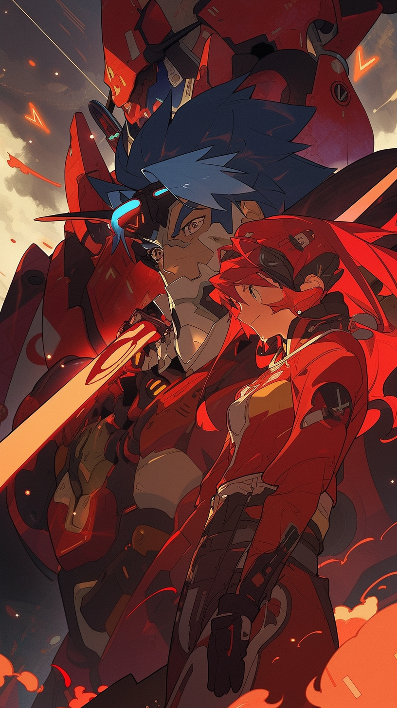 This anime wallpaper captures the intense and vibrant essence of Simon and Kamina from the popular series 'Tengen Toppa Gurren Lagann