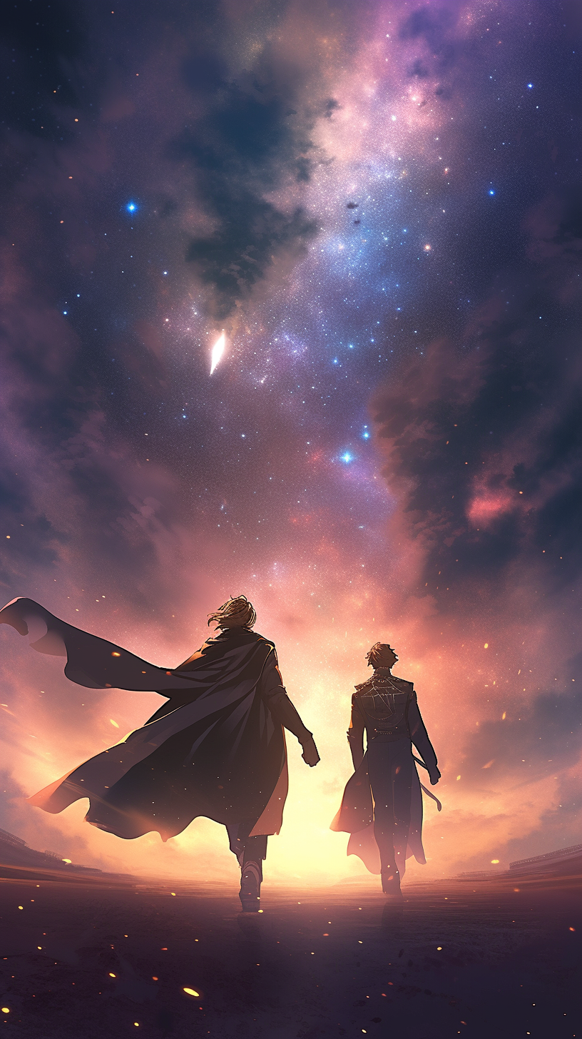This anime wallpaper captures an epic galactic battle scene under a star-studded sky