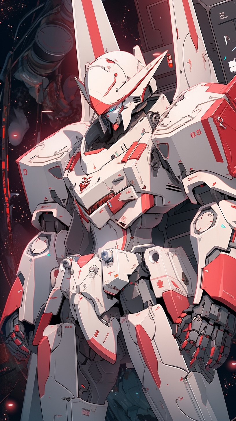 This anime wallpaper showcases a striking mecha robot, characterized by its sleek white and red design, standing tall amidst a futuristic, otherworldly landscape