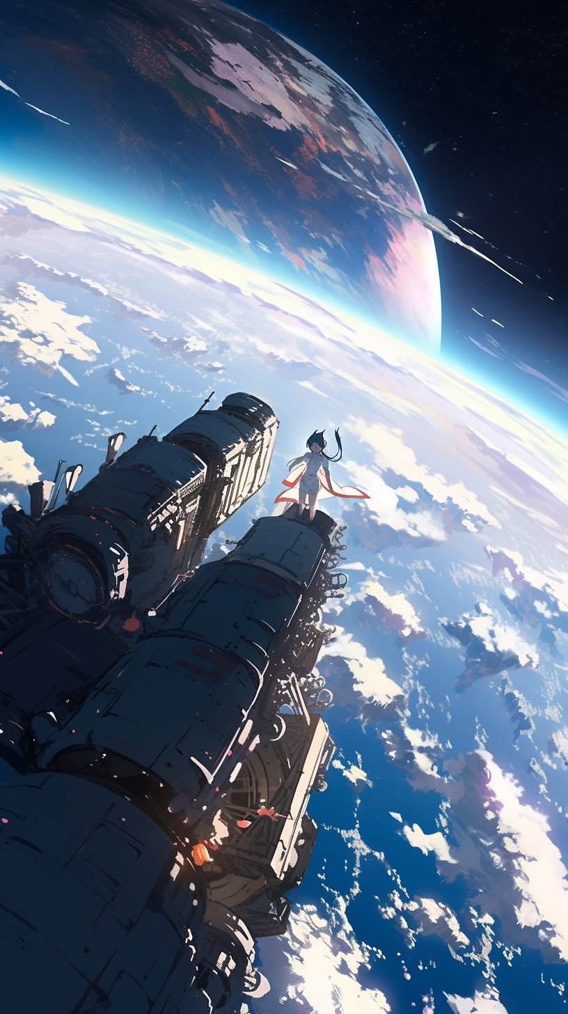 This anime wallpaper captures a breathtaking scene of a futuristic spaceship soaring through the cosmos