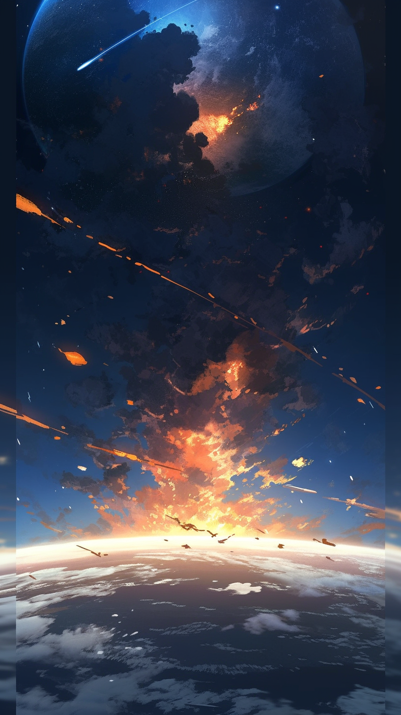 This anime wallpaper depicts a dramatic scene of space debris scattered across the cosmos