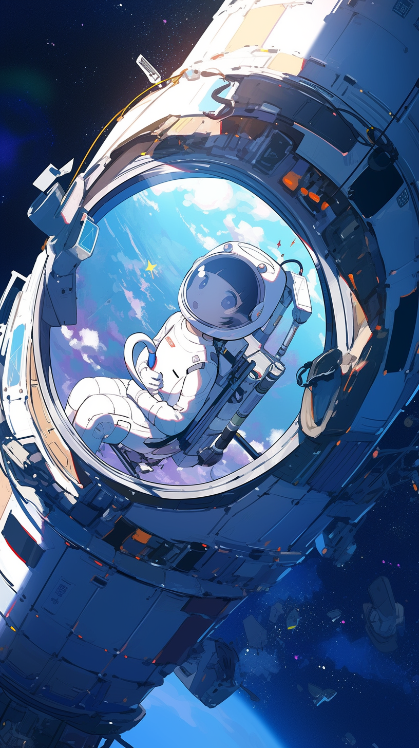 This anime wallpaper captures a breathtaking moment of an astronaut floating in the vast expanse of outer space