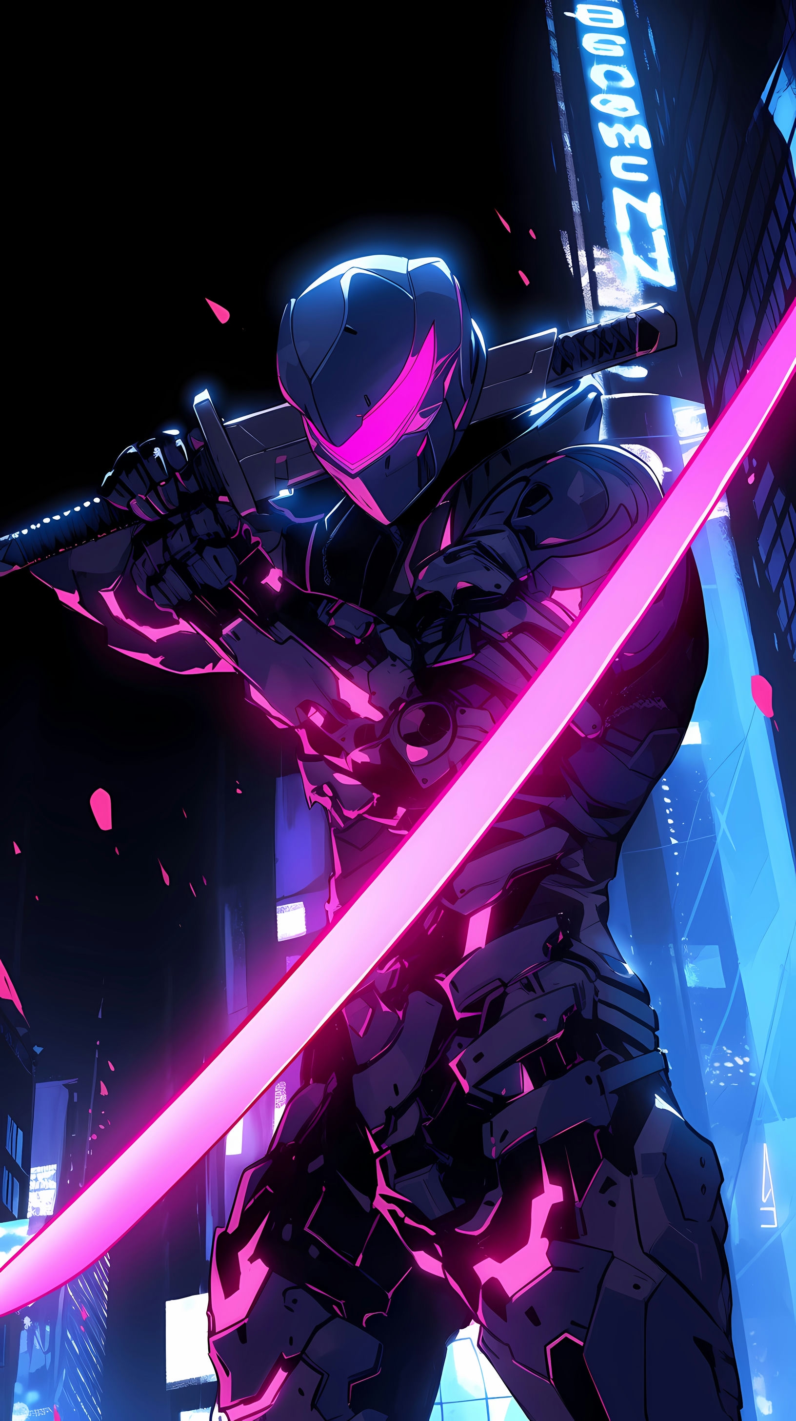 This anime wallpaper captures the essence of a futuristic cyberpunk world